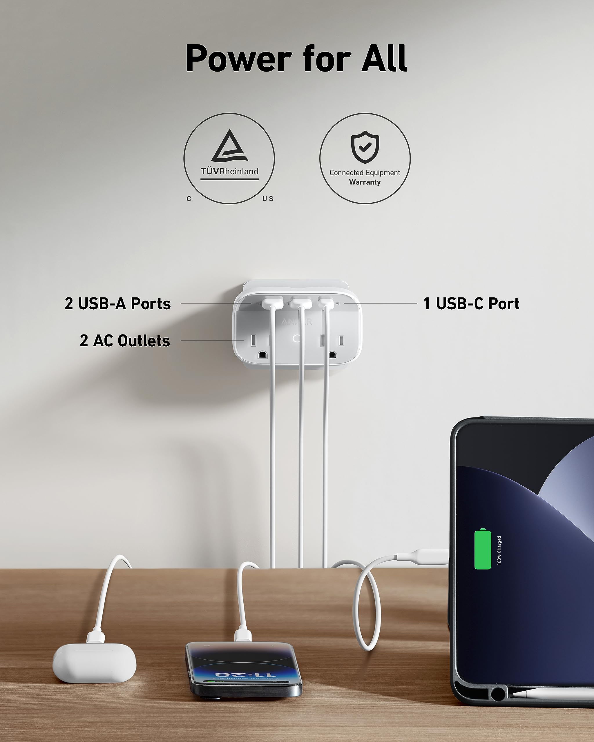 Anker Portable Outlet Extender With Foldable Plug, 5 Multi Plug Outlet, High Speed 30W Usb C Power Delivery, Compatible With Iph