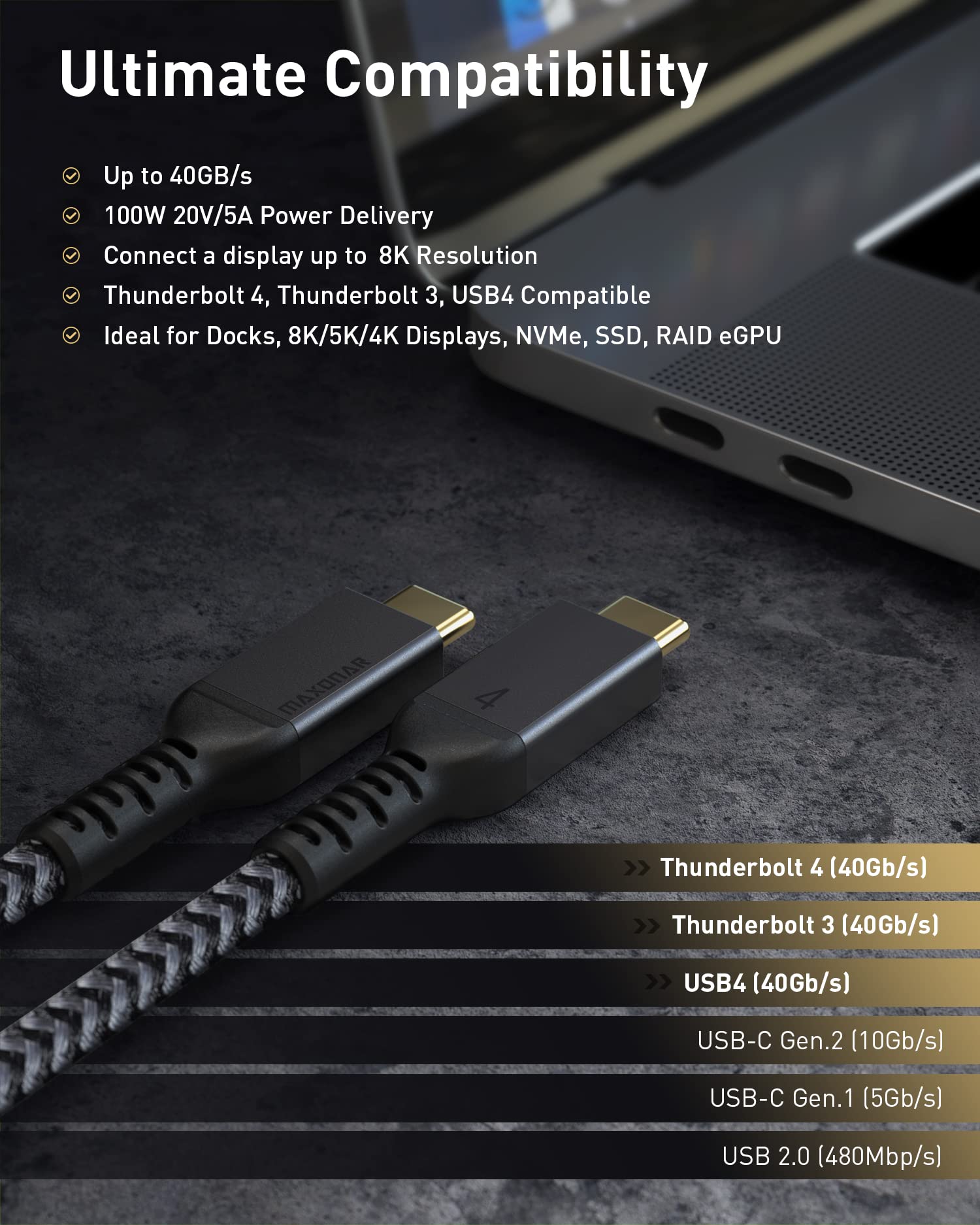 Maxonar [1Ft] Compatible With Thunderbolt 4 Cable 40Gbps With 100W Charging And 8K/5K@60Hz Compatible With Thunderbolt 4/3, Usb4