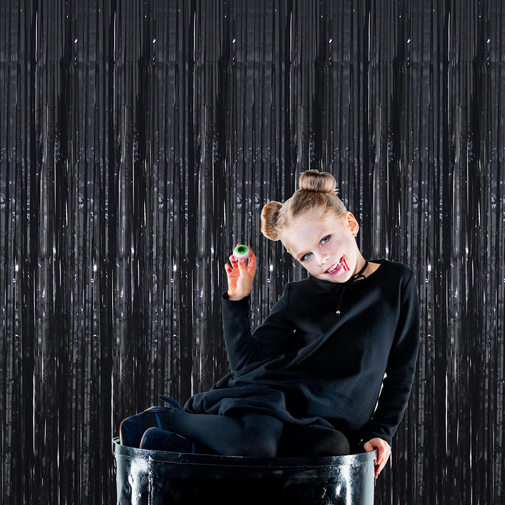 Goer 3.2 Ft X 9.8 Ft Black Photo Backdrop Party Streamers For Halloween,Birthday Party,1 Pack Black Metallic Tinsel Foil Fringe