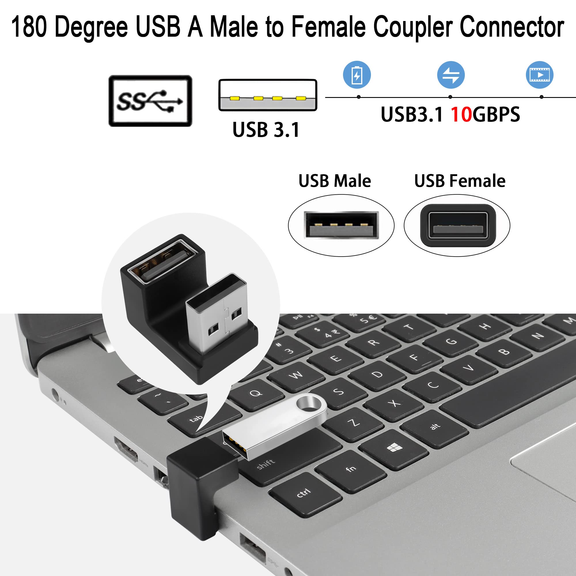 Qianrenon U Shape Angle Usb 3.1 Adapter Converter 10Gbps 180 Degree Usb A Male To Female Coupler Connector, Support Data Transfer Otg 3A Charging, For Pc Laptop Mobile Power, 2Pcs (Female Up)
