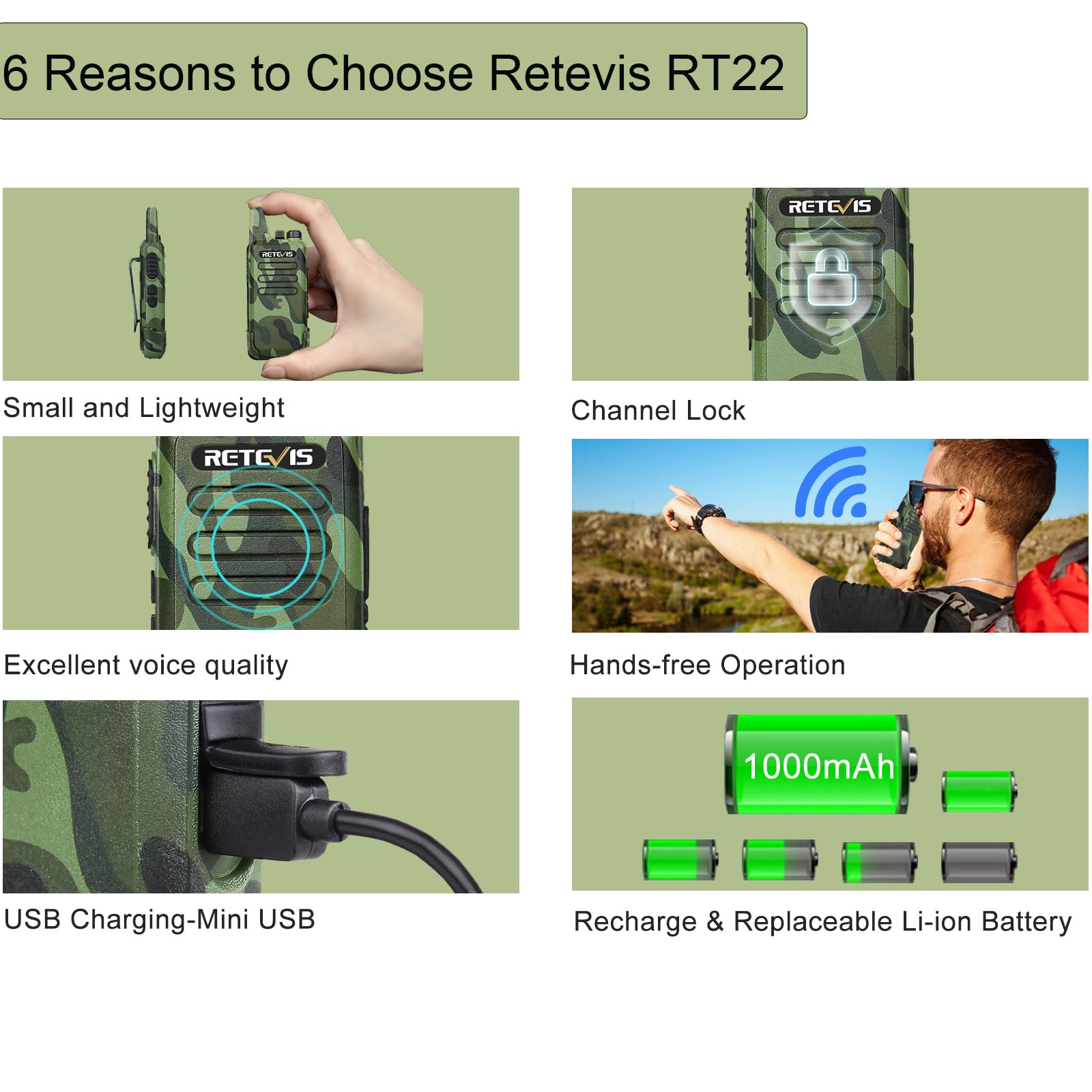Retevis Rt22 Walkie Talkies With Earpiece, Portable Frs Two Way Radios, Camouflage, Compact, Lightweight, Vox Hands Free, Handheld 2 Way Radio With Headsets(10 Pack)