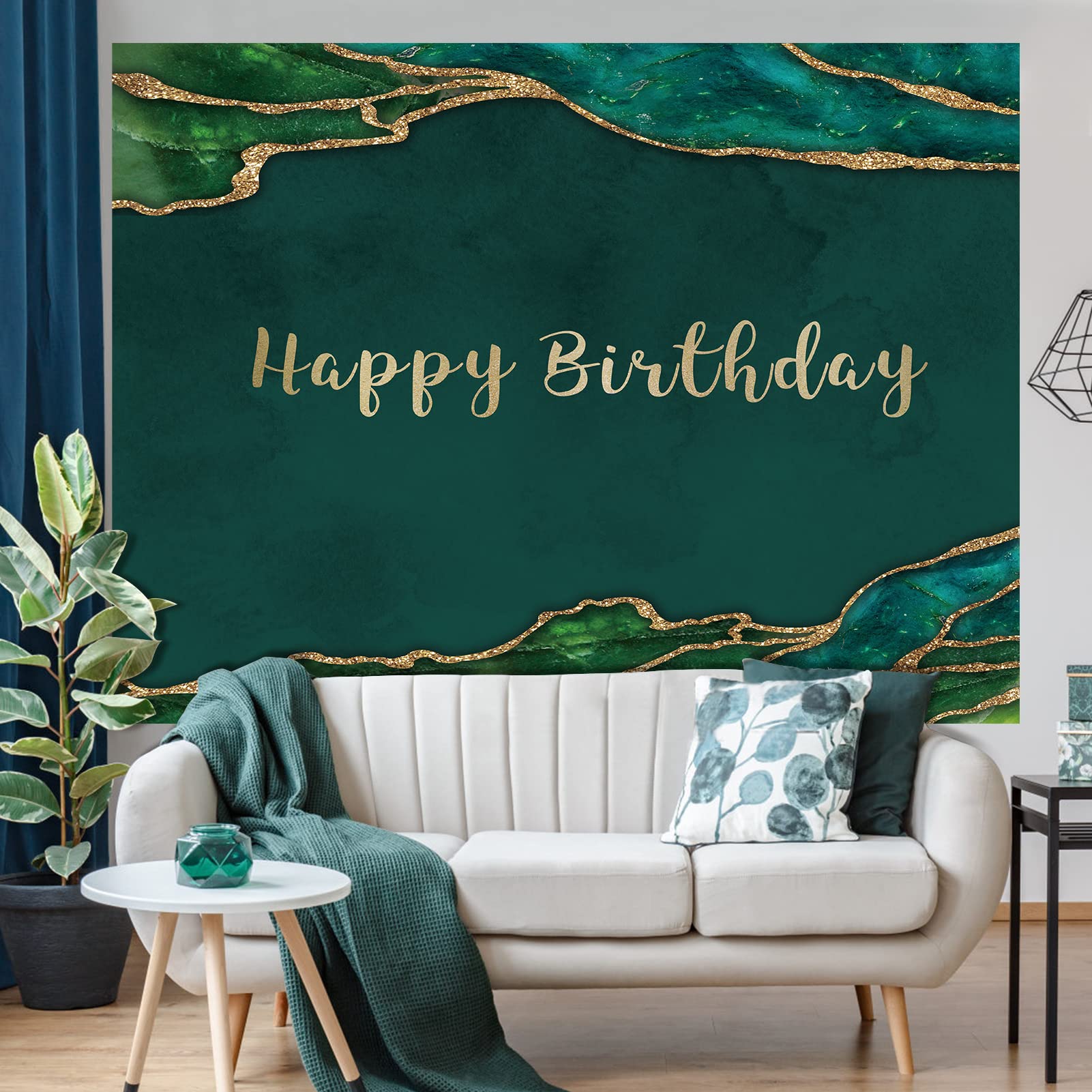 Rsuuinu Happy Birthday Backdrop Emerald Green And Gold Glitter Photography Background Birthday Party Banner For Women Man Cake T