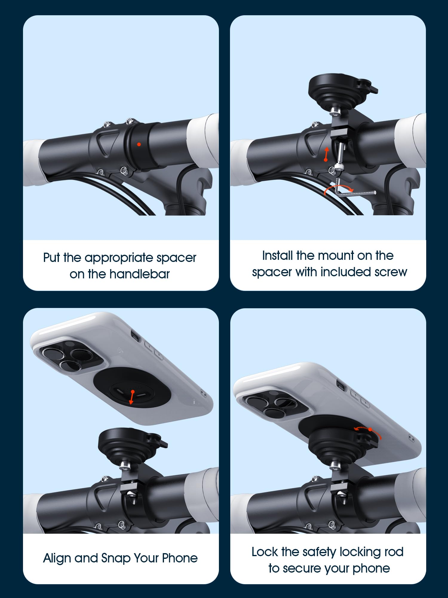 Sincetop Bike/Motorcycle Phone Mount - Series Q [ Quad ] - Quick Lock & Release - Aluminum Bicycle Handlebar Phone Holder - Comp