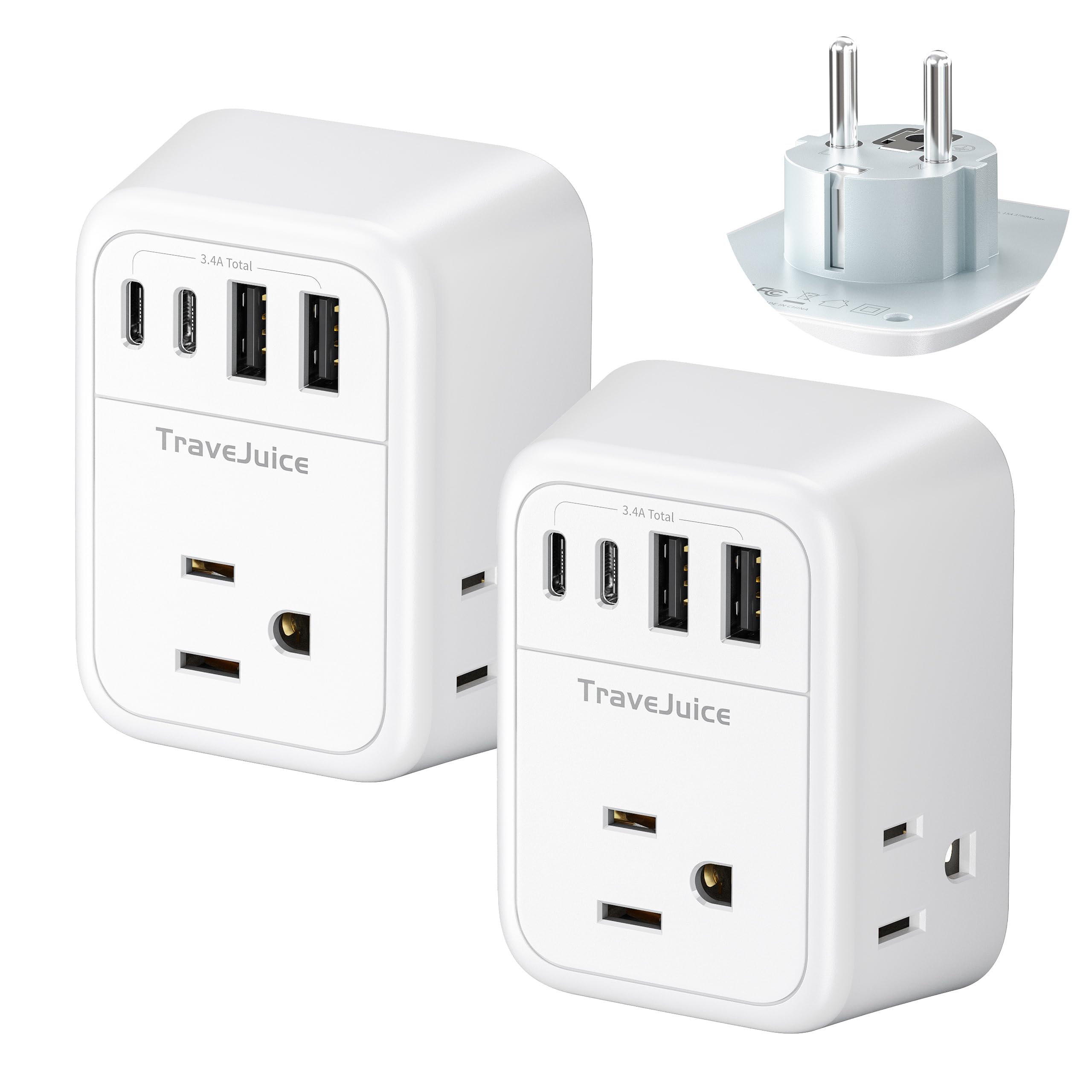 Type E/F Plug Adapter 2 Pack, Travejuice Germany France Power Adapter Outlet Converter With 4 Ac 4 Usb Ports (2 Usb C), Travel A