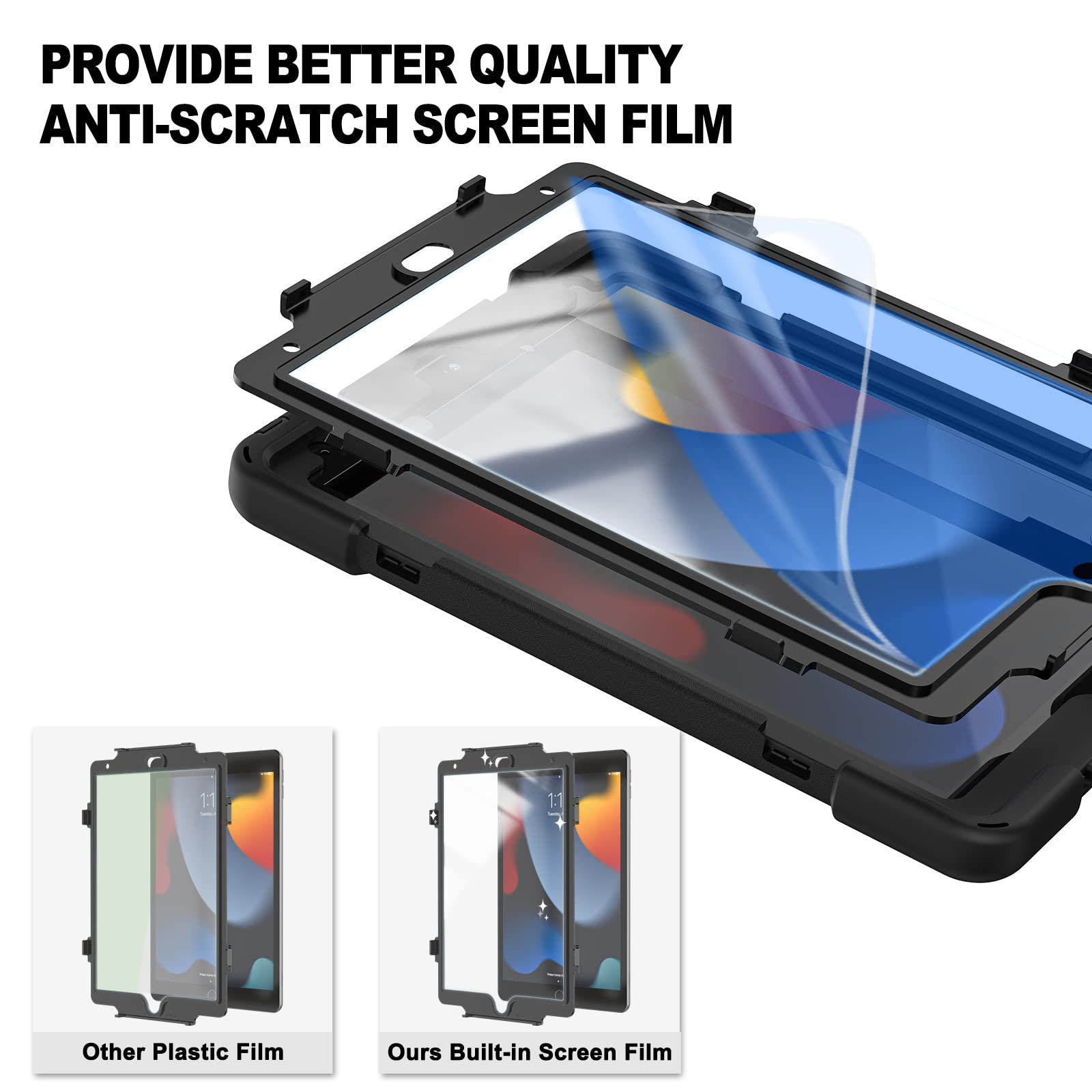 Braecn For Ipad 9Th/8Th/7Th Generation Case, Ipad 10.2 2021/2020/2019 Case With Built In Screen Protector, Hand Strap, Swiveling