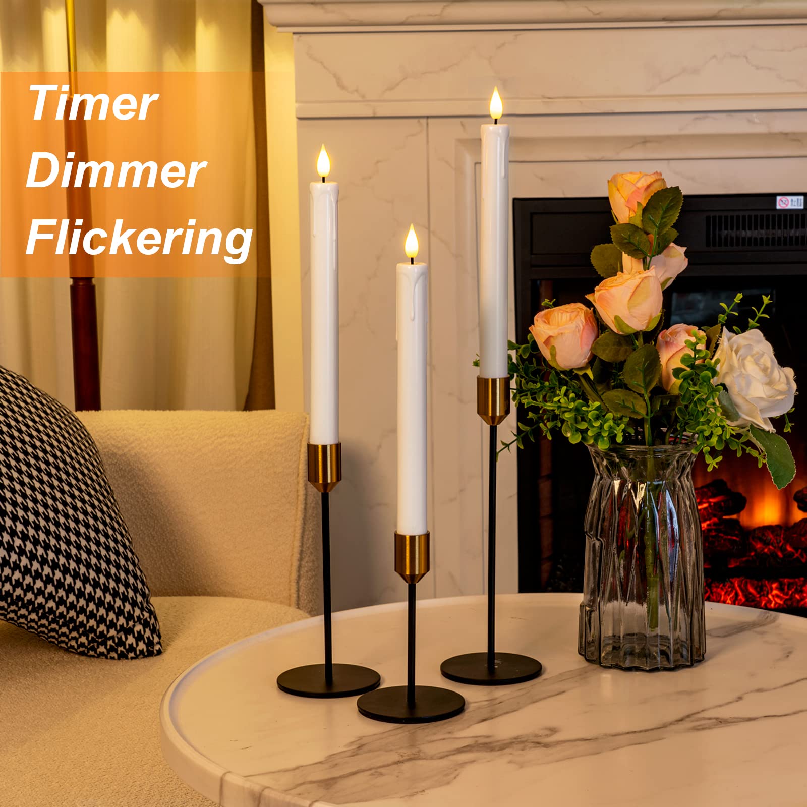 Homemory 3 Pcs Flameless Taper Candles With Remote Timer Dimmer, 9.6'' White Flickering Candlesticks Battery Operated, Realistic