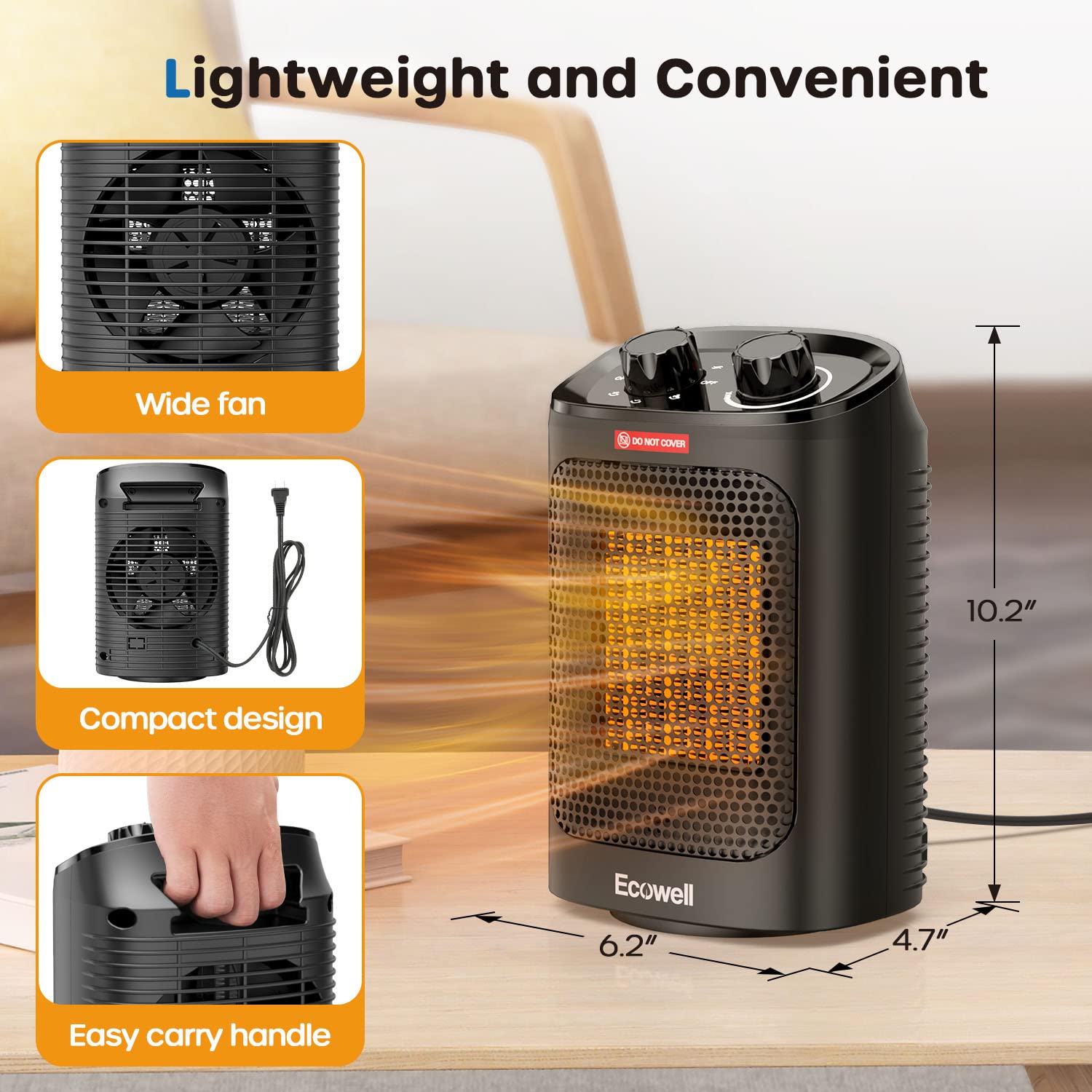 Ecowell 1500W Portable Space Heater For Indoor Use, 60Oscillating,Small Electric Heater Fan With Adjustable Thermostat, Safe And