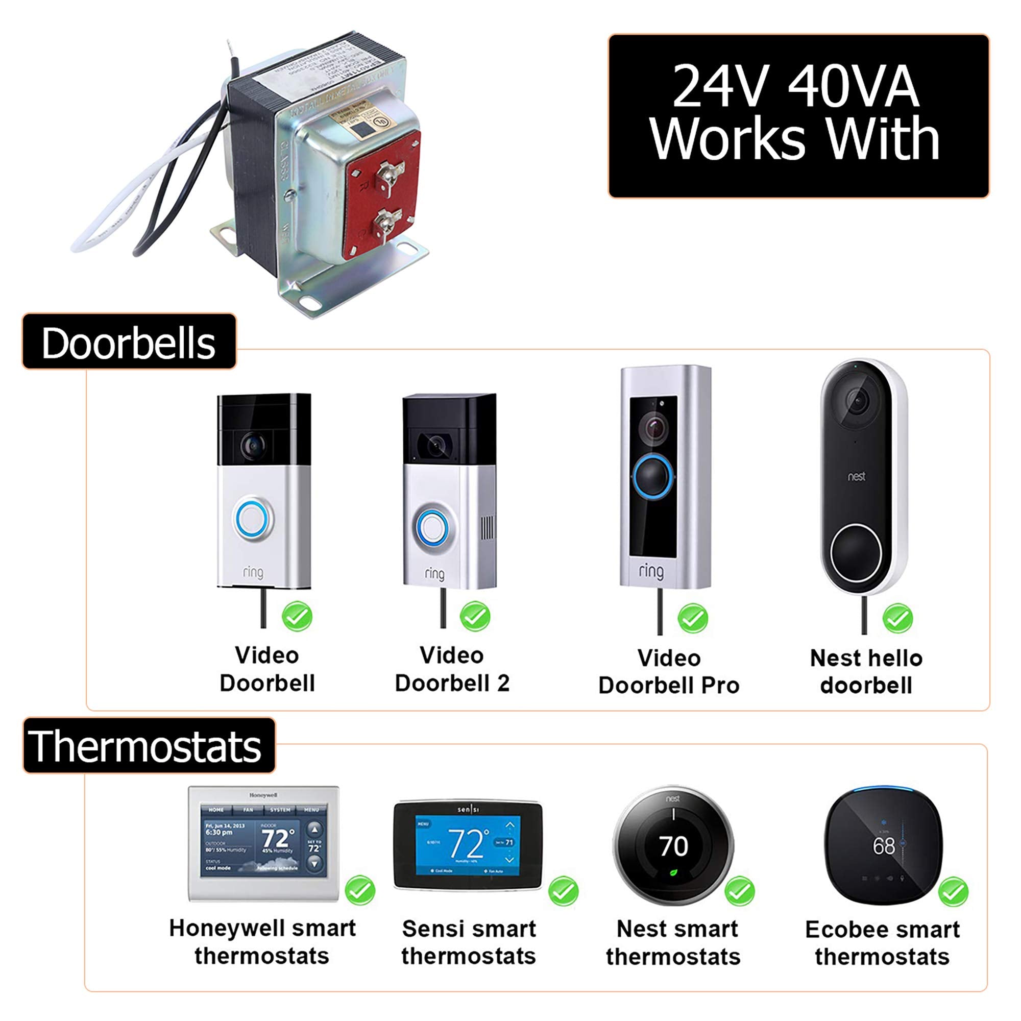 Endurance Pro 24V 40Va Thermostat Doorbell Transformer, Power Supply Adapter Compatible With Nest, Ecobee, Sensi, Honeywell Ther