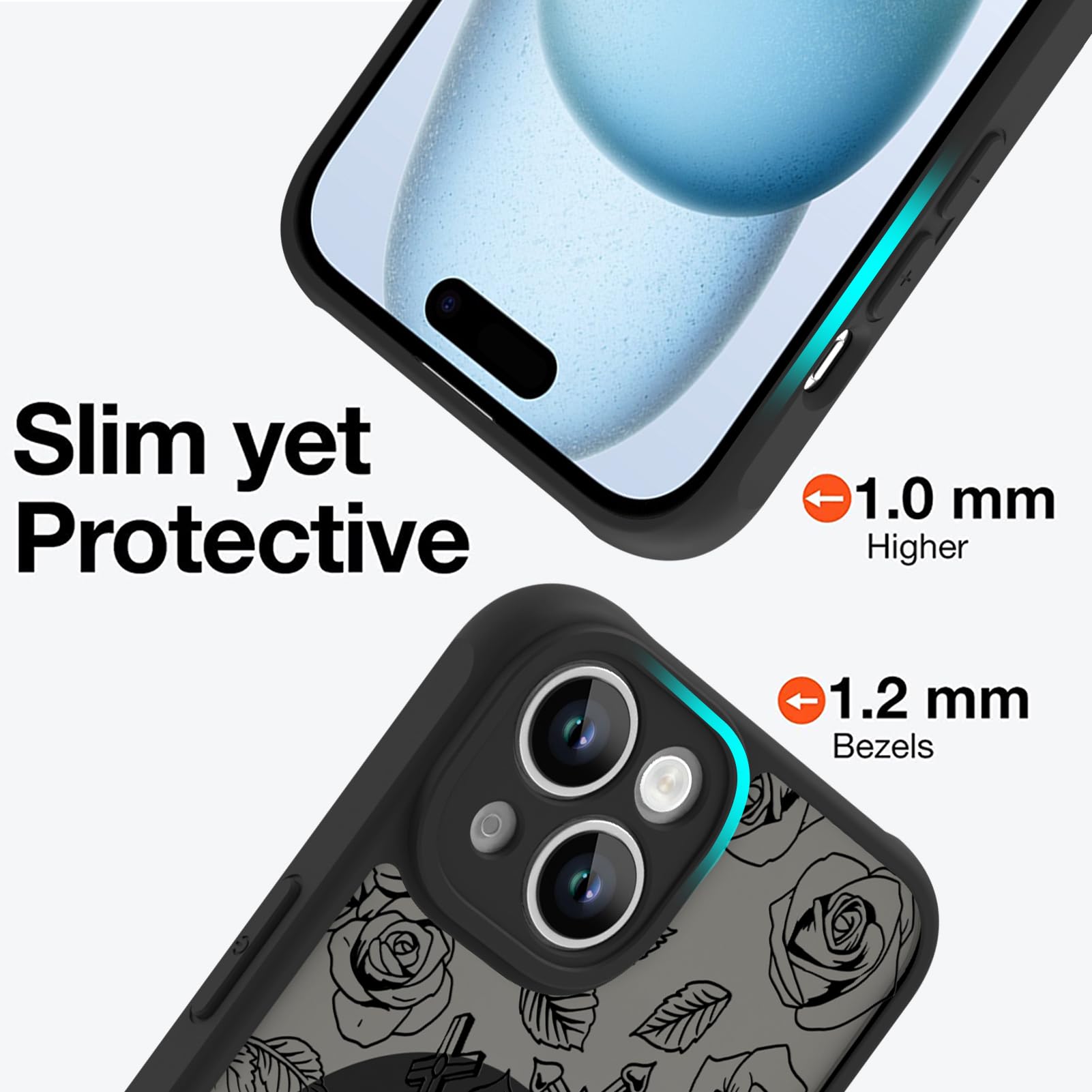 Ook Magnetic For Iphone 15 Plus Case Black Flower Skull Pattern [Compatible With Magsafe] Slim Translucent Matte Camera Lens Pro