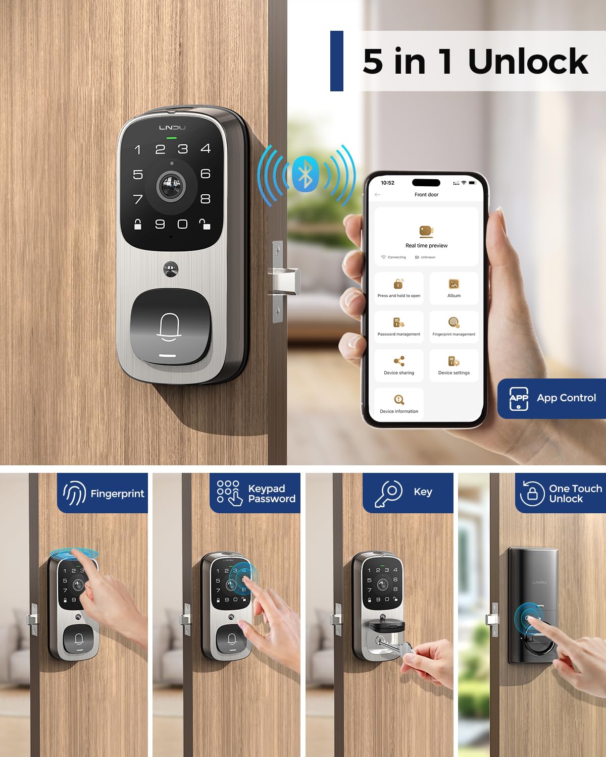 Lndu Smart Lock With 6 In 1 Camera+Doorbell+Fingerprint Keyless Entry, Wifi Door Lock For Front Door With 32Gb Emmc, 2K Doorbell