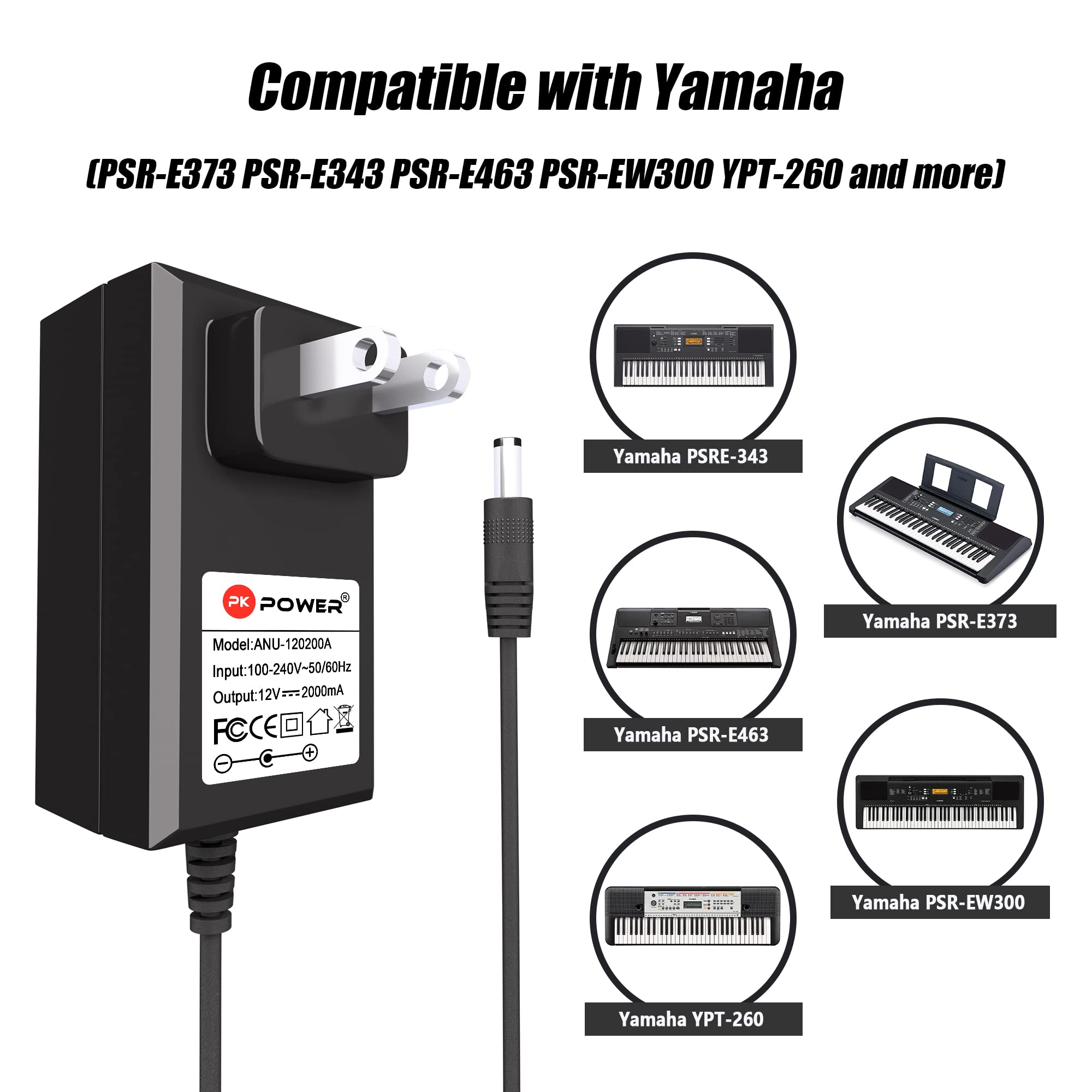 Pkpower Ac Adapter Charger For Yamaha Psr E373 Psr E343 Psr E463 Ypt 260 61 Key Psr Ew300 76 Key, Power Supply For Yamaha Dgx Series Dgx 305 Dgx 520 Dgx 620 Dgx 650