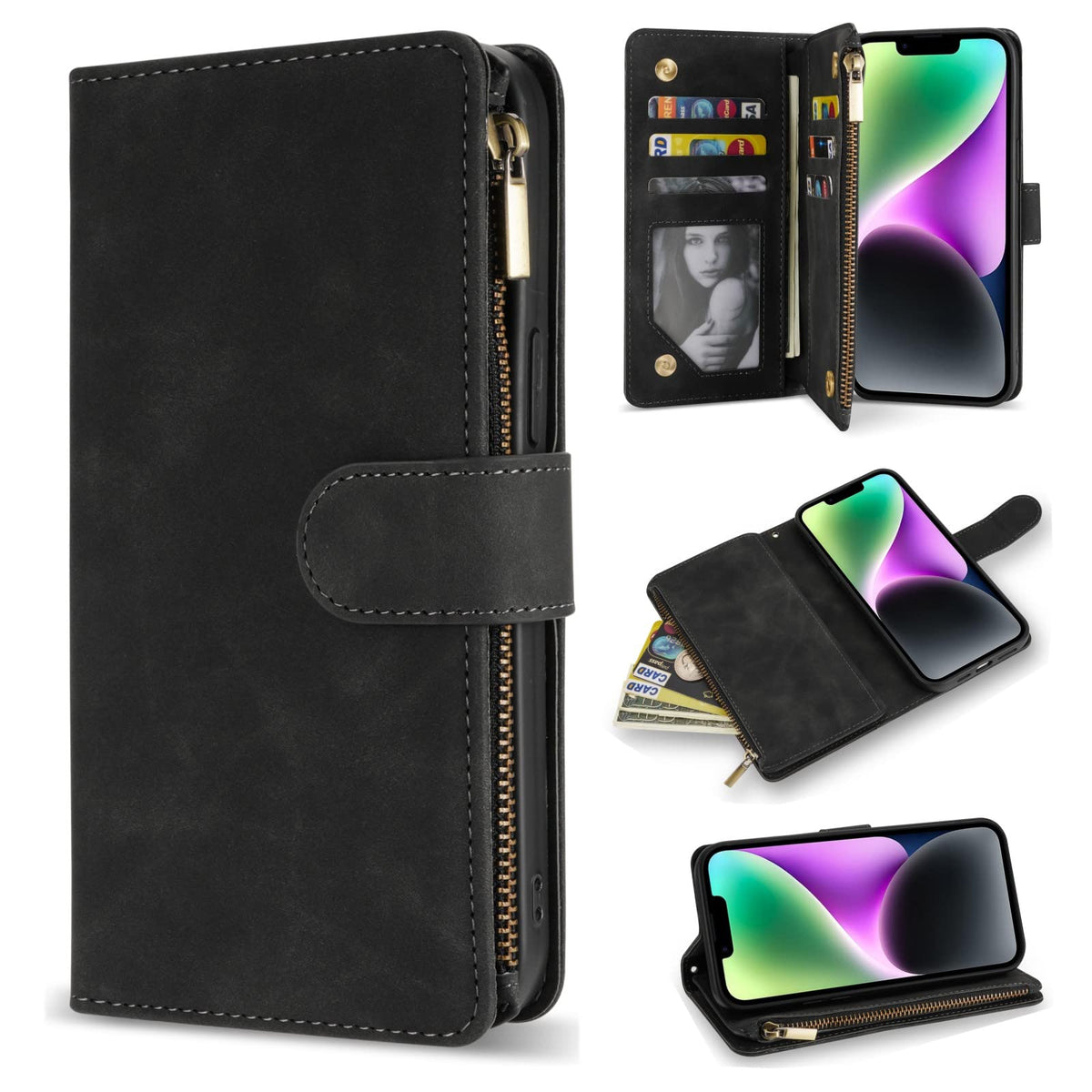 Zzxx Iphone 14 Case Wallet With [Rfid Blocking] Card Slot Premium Soft Pu Leather Zipper Flip Folio With Wrist Strap Kickstand P