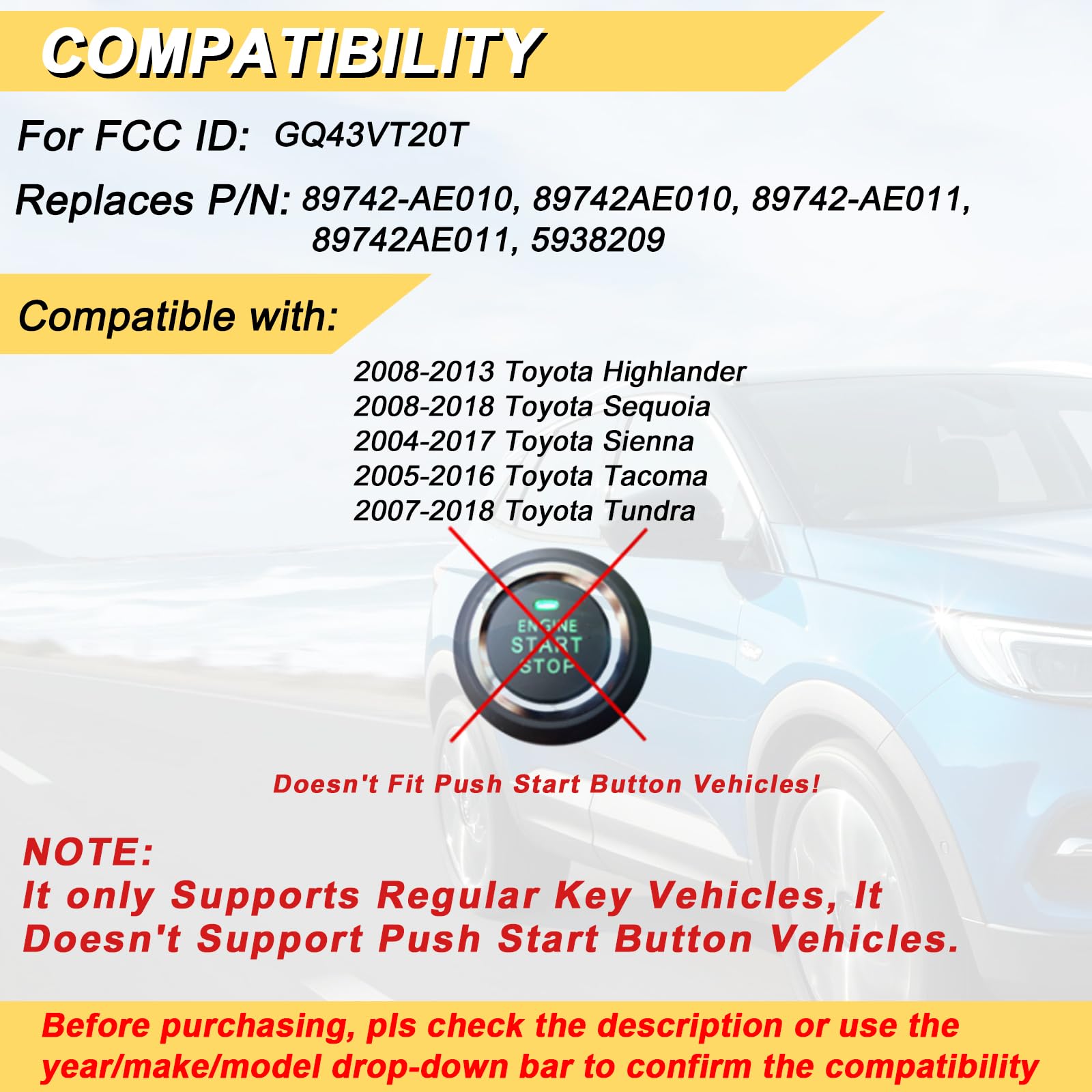 Key Fob Replacement For 2008-2013 Toyota Highlander/ 08-18 Sequoia/ 04-17 Sienna/ 05-16 Tacoma/ 07-18 Tundra Car Keyless Entry R