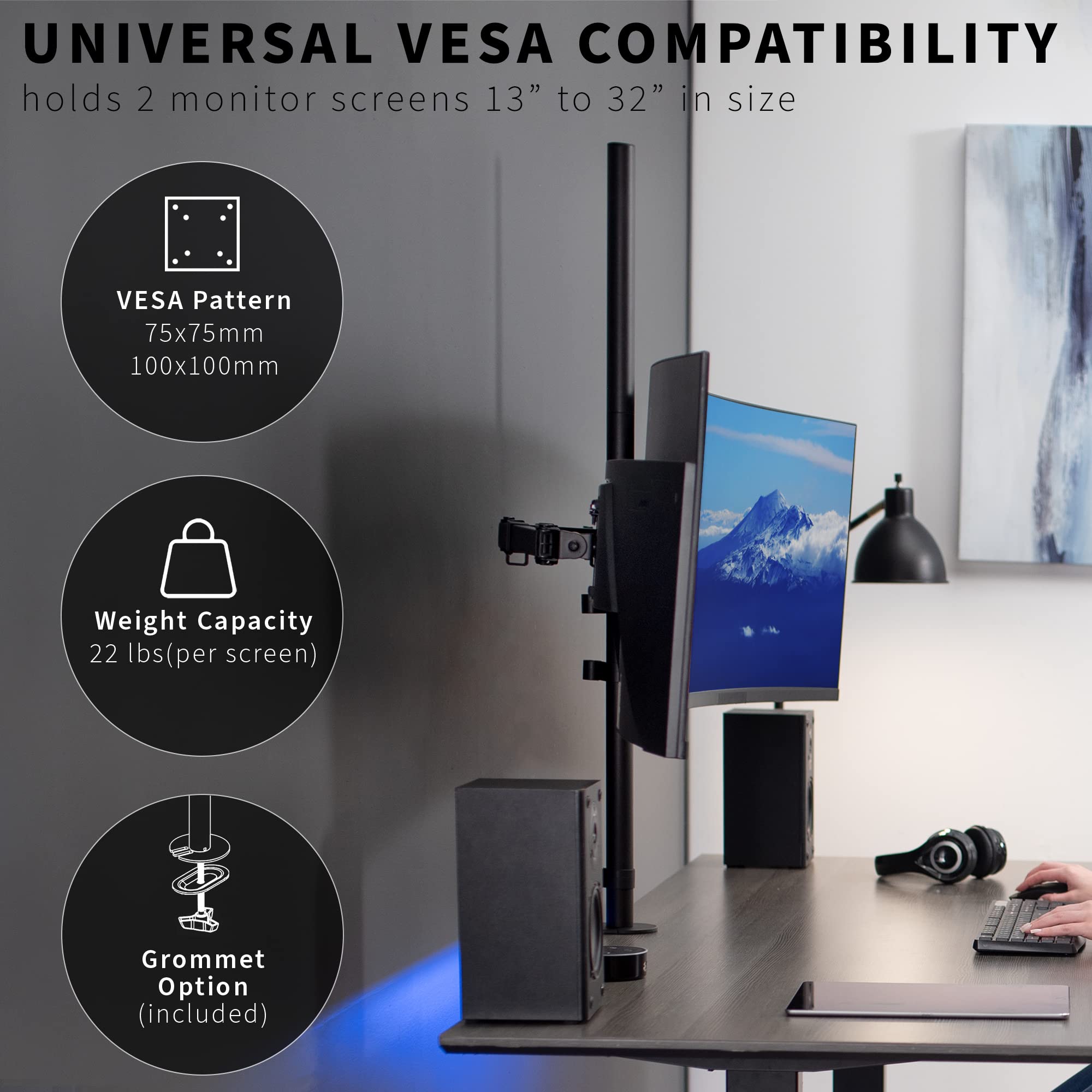 VIVO Dual Monitor Stand Up Desk Mount Extra Tall 39 inch Pole, Fully Adjustable Stand for up to 32 inch Screens, Black, STAND V032T