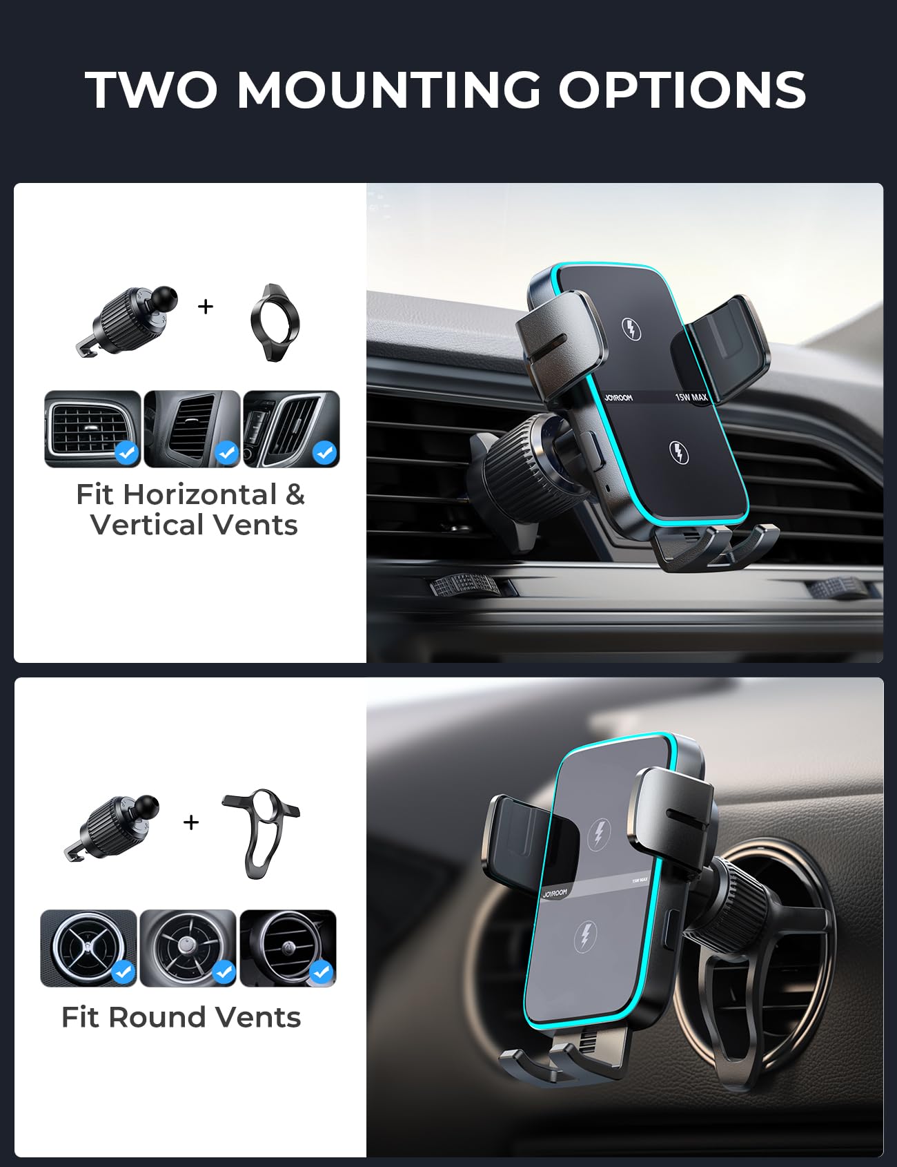 Wireless Car Charger Phone Mount: Dual Coil Joyroom Led Qi 15W Cell Phone Fast Charging Vent Holder With Auto Smart Sensor Clamp