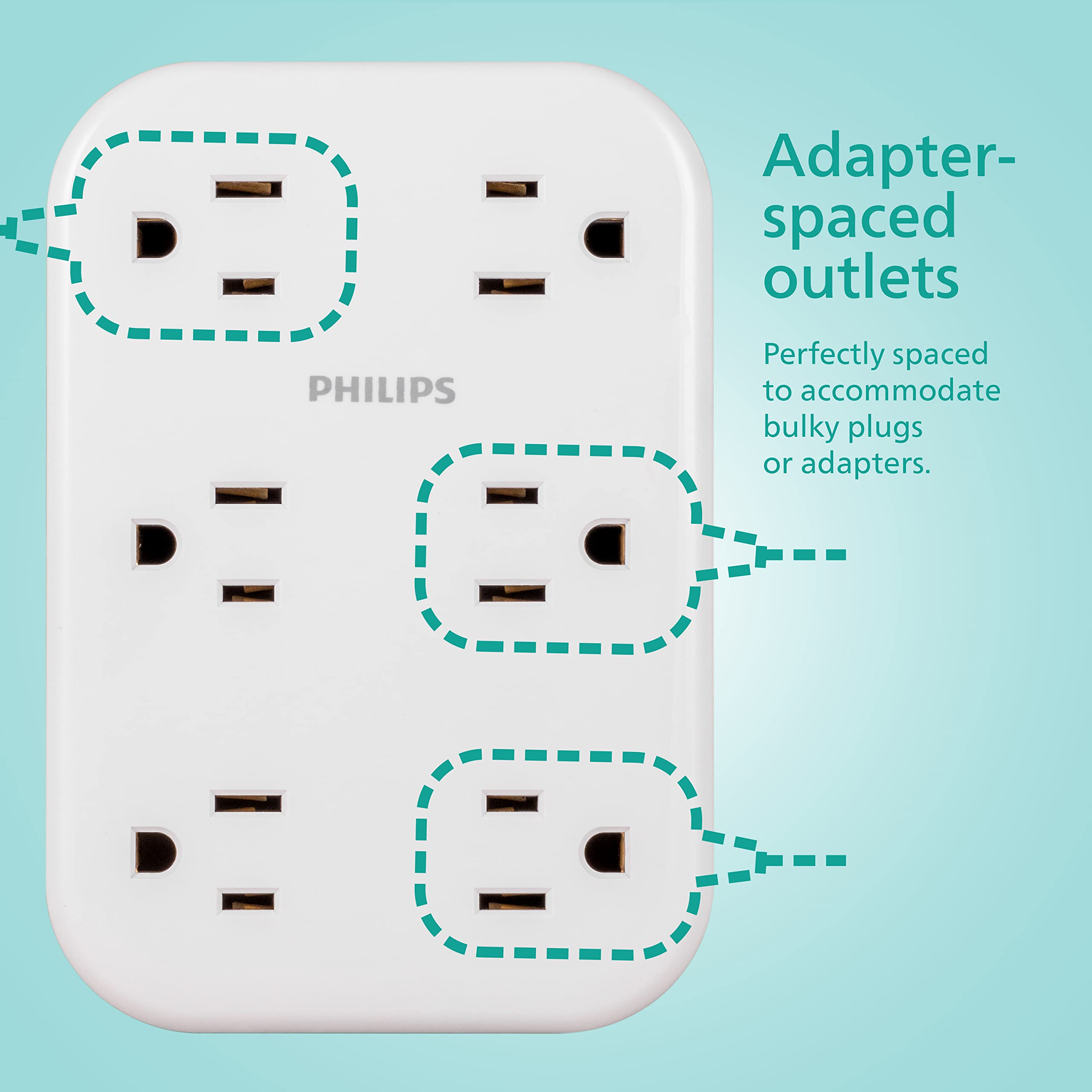 Philips Ezfit 6 Outlet Surge Protector Outlet Extender, Wall Tap, Grounded Widely Spaced Outlets, 900 Joules, For Home Office Do
