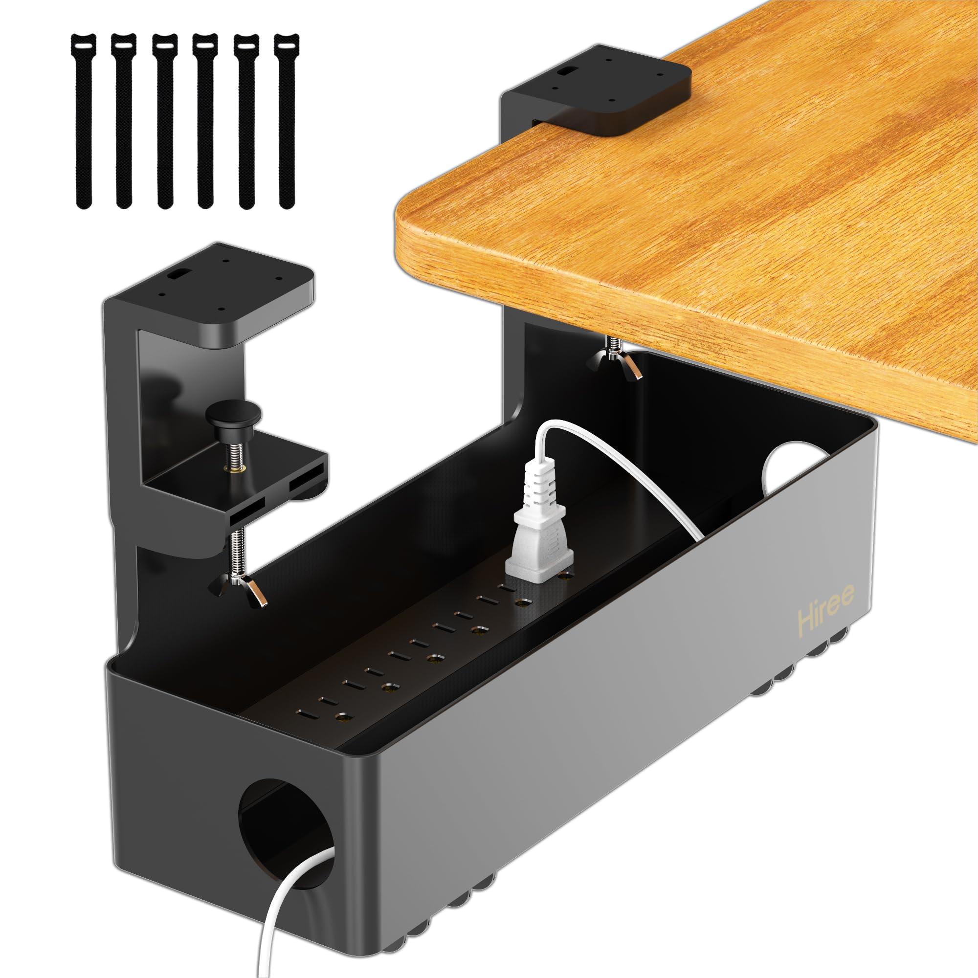 Under Desk Cable Management Tray with 6 AC Power Outlet and Clamp Mount, No Drill Cord Storage Organizers for Wire Management, S