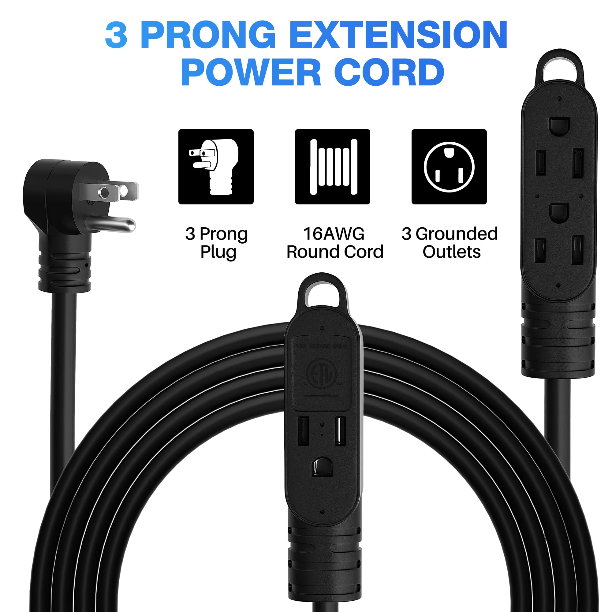 3 Prong Power Extension Cord With Multiple Outlets 10 Ft, 16/3 Gauge Multi 3 Outlet Wire, 90 Degree Angled Male Plug, 16 Awg Gro