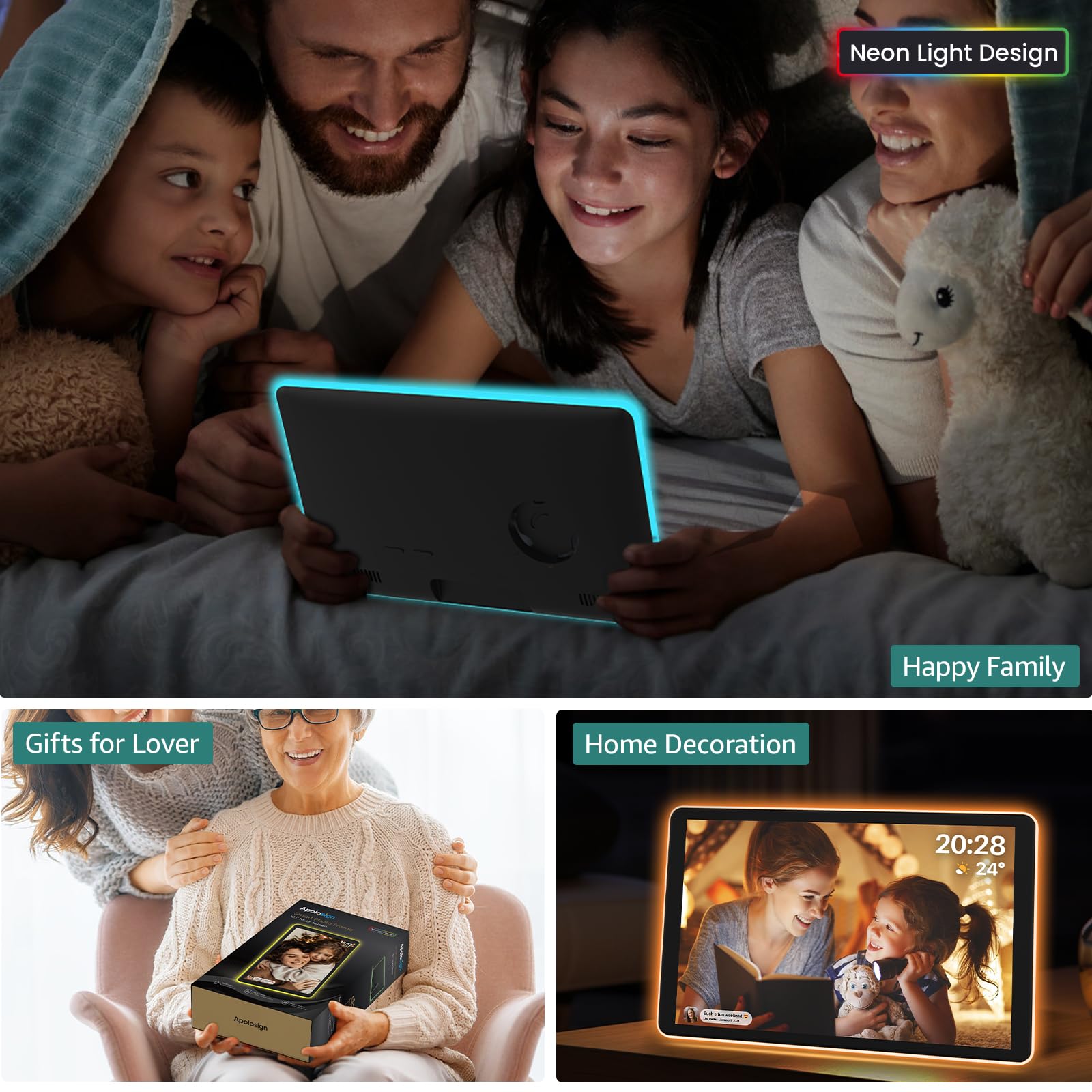 Apolosign Neon Light Digital Picture Frame, 10.1'' 1280 * 800 16:10 Ips Touchscreen, Frameo, Wifi, Sd Card, Led Auto Rotate Digi
