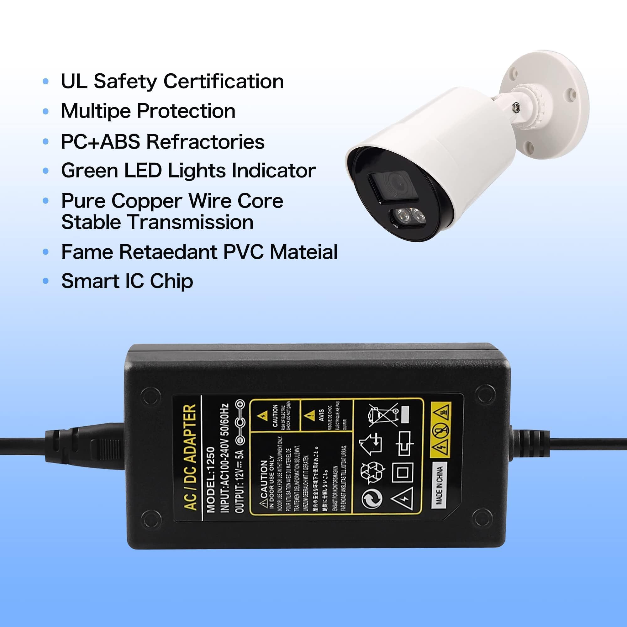 Bxizxd Security Camera Power Adapter 12V 5A 100V 240V Ac To 12V Dc Led Power Transformers 8 Way Power Splitter Cable For Cctv/Ca