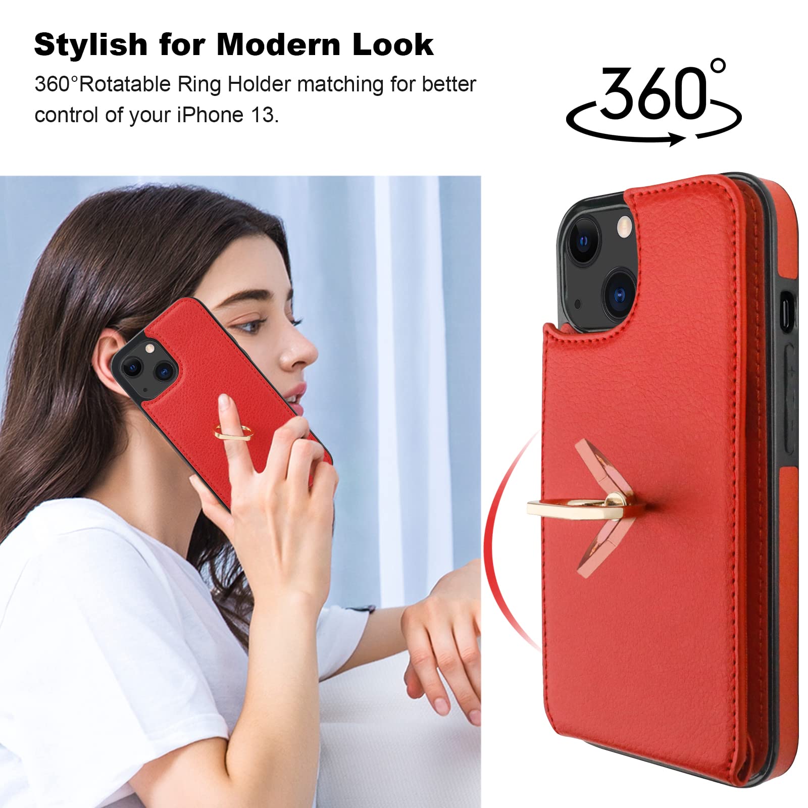 Folosu Compatible With Iphone 13 Case Wallet With Card Holder, 360   Rotation Finger Ring Holder Kickstand Protective Rfid Block