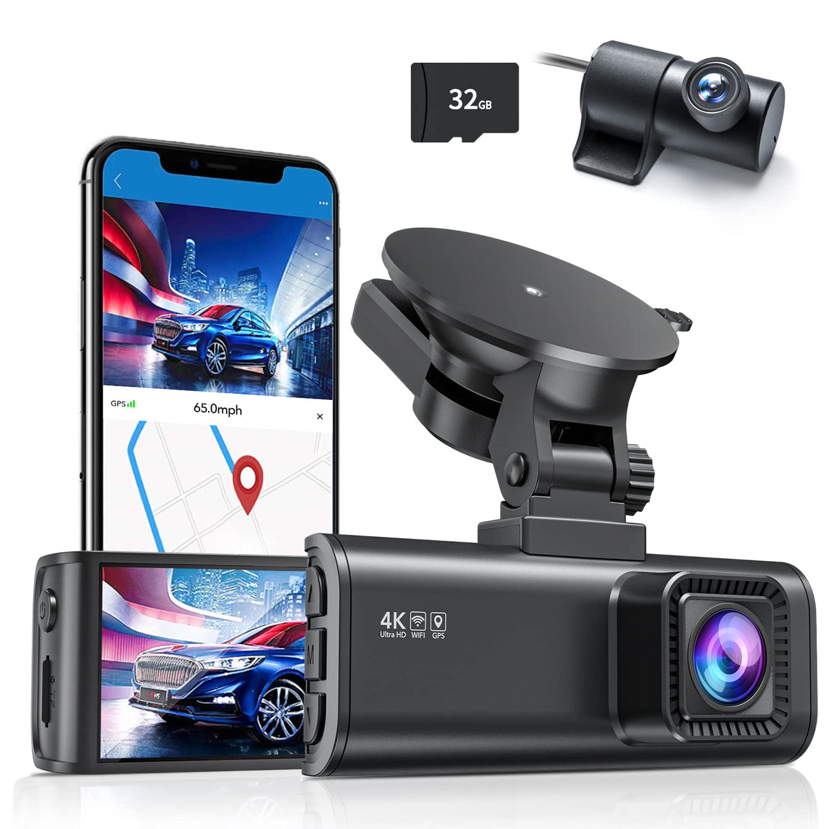 Redtiger Dash Cam Front Rear, 4K/2.5K Full Hd Dash Camera For Cars, Free 32Gb Sd Card, Built-In Wi-Fi Gps, 3.16