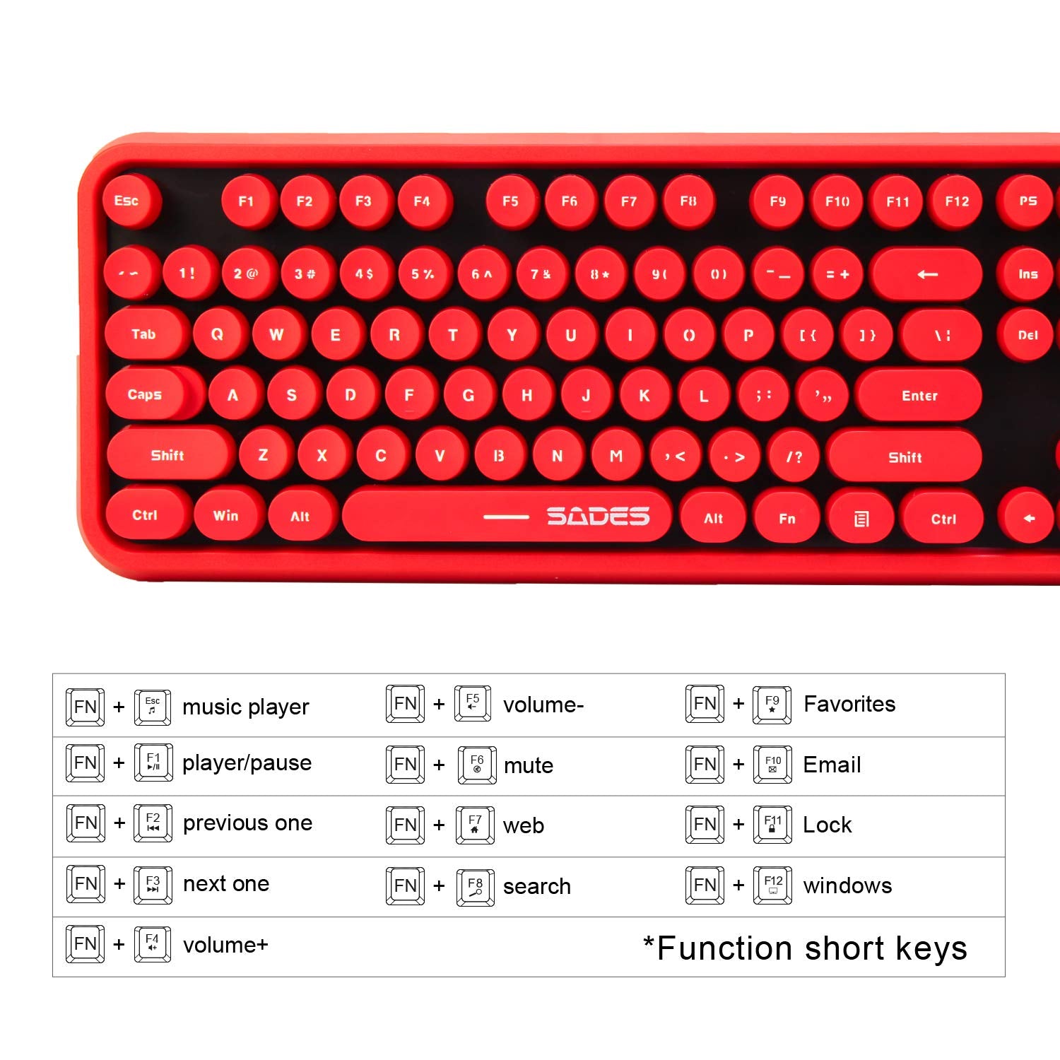 LETTON Wireless Keyboard Mouse Combo, Retro Typewriter Style, 104 Keys, Large, V2020 Black Red