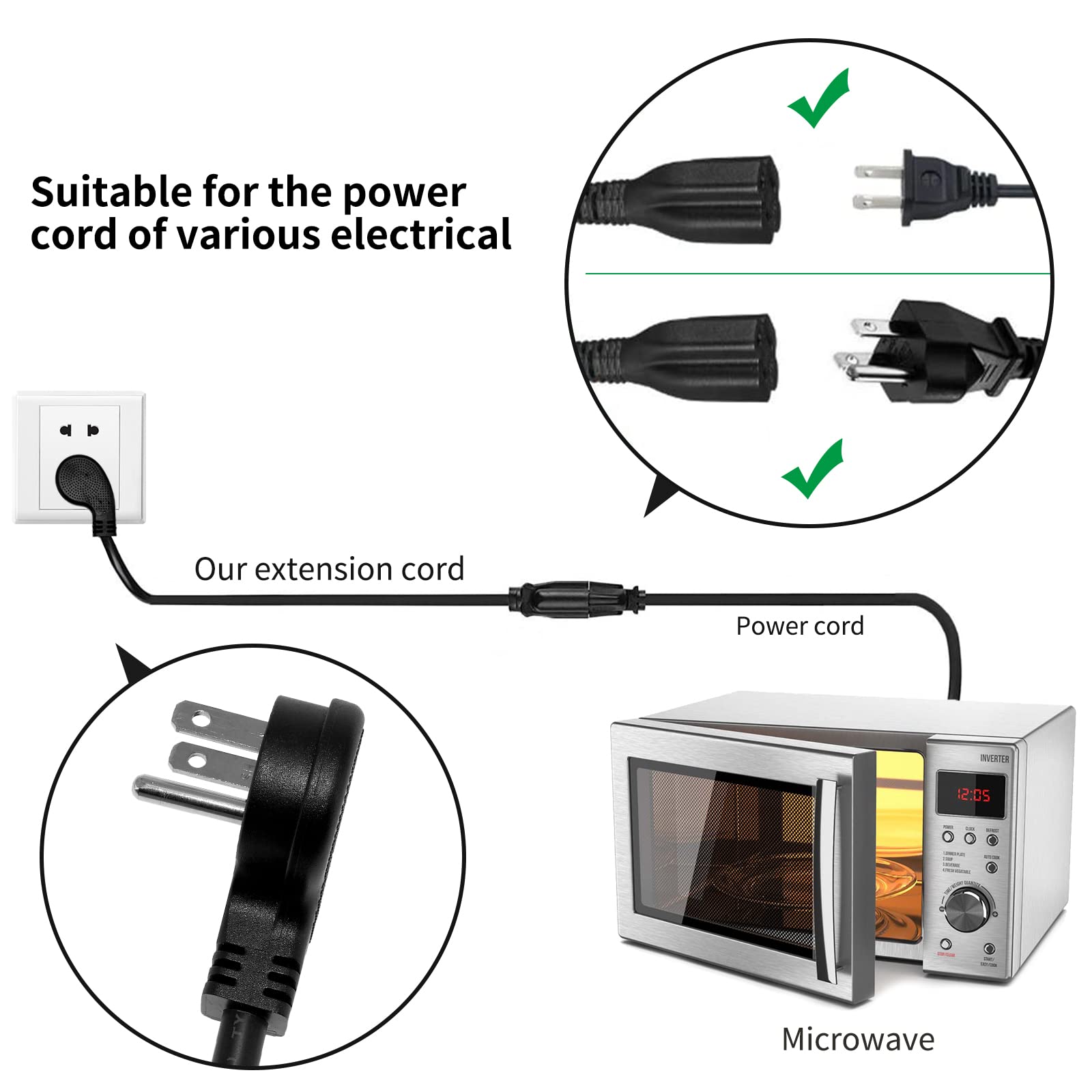 Miady Flat Plug Extension Cord 1 Ft, 90 Degree Plug Adapter, 3 Prong ...