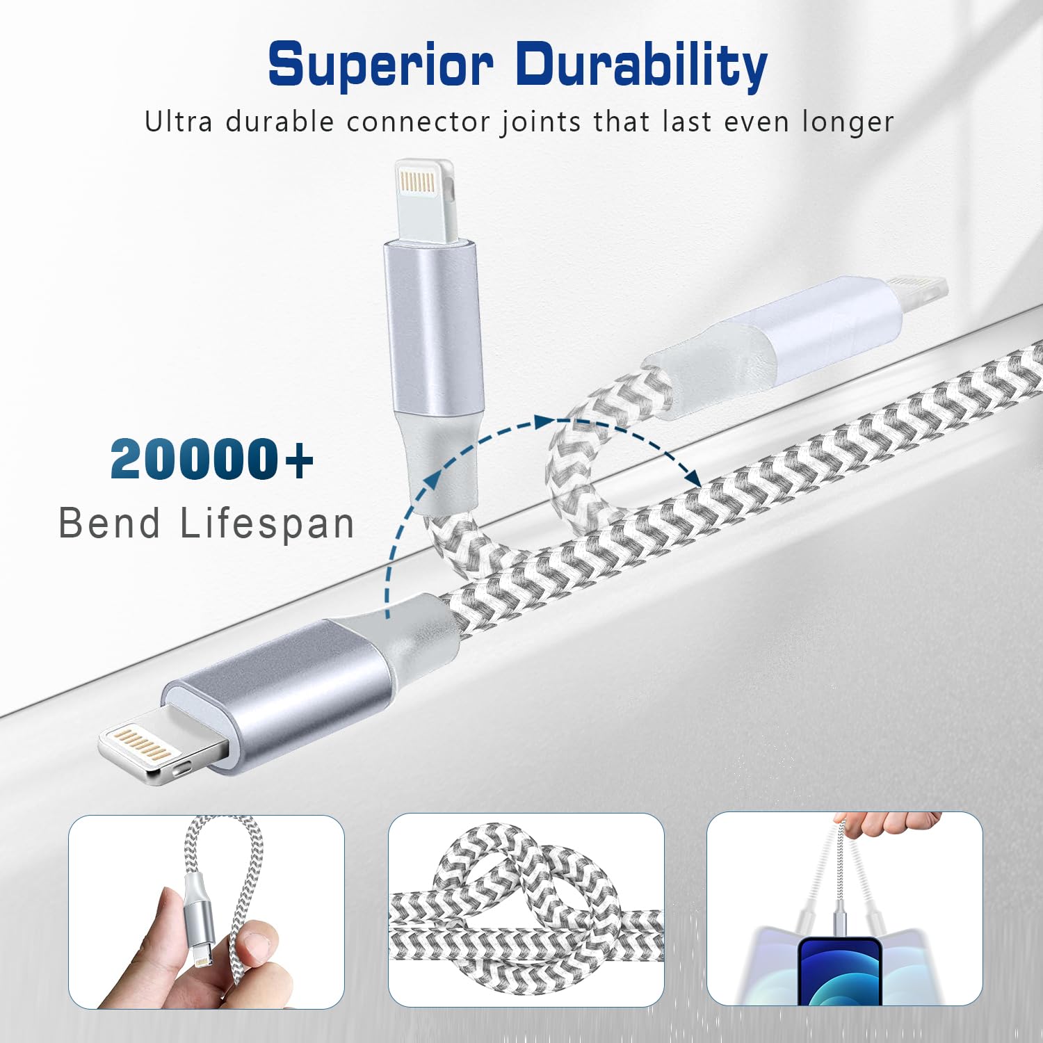 Fushok 1ft Nylon Braided iPhone Charger 2-Pack, MFi Certified USB A to Lightning Cable, Silver, Compatible with iPhone 14/13/12/11 Pro/