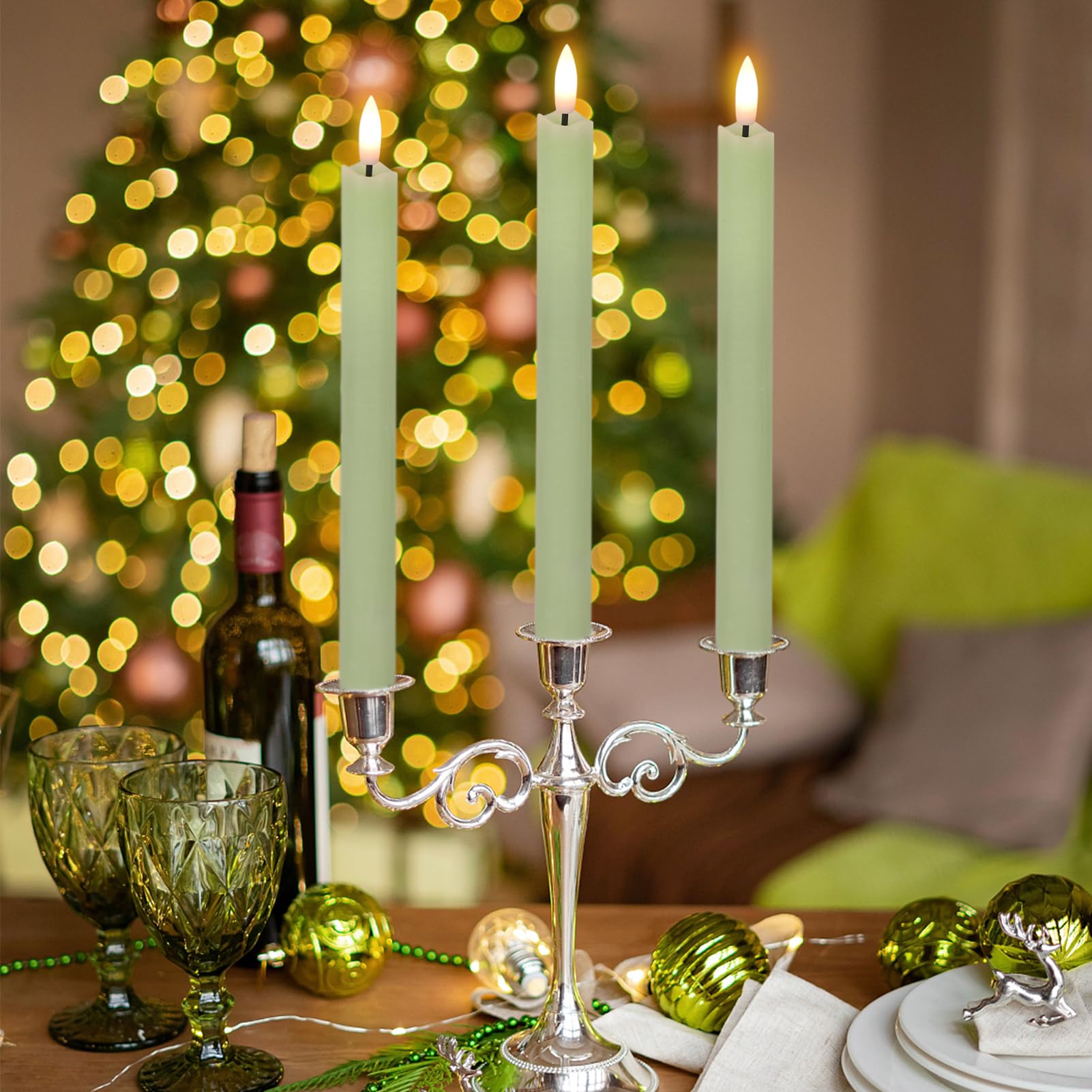 Genswin Flameless Green Taper Candles Flickering With 10 Key Remote, Battery Operated Led Warm 3D Wick Light Window Candles Real