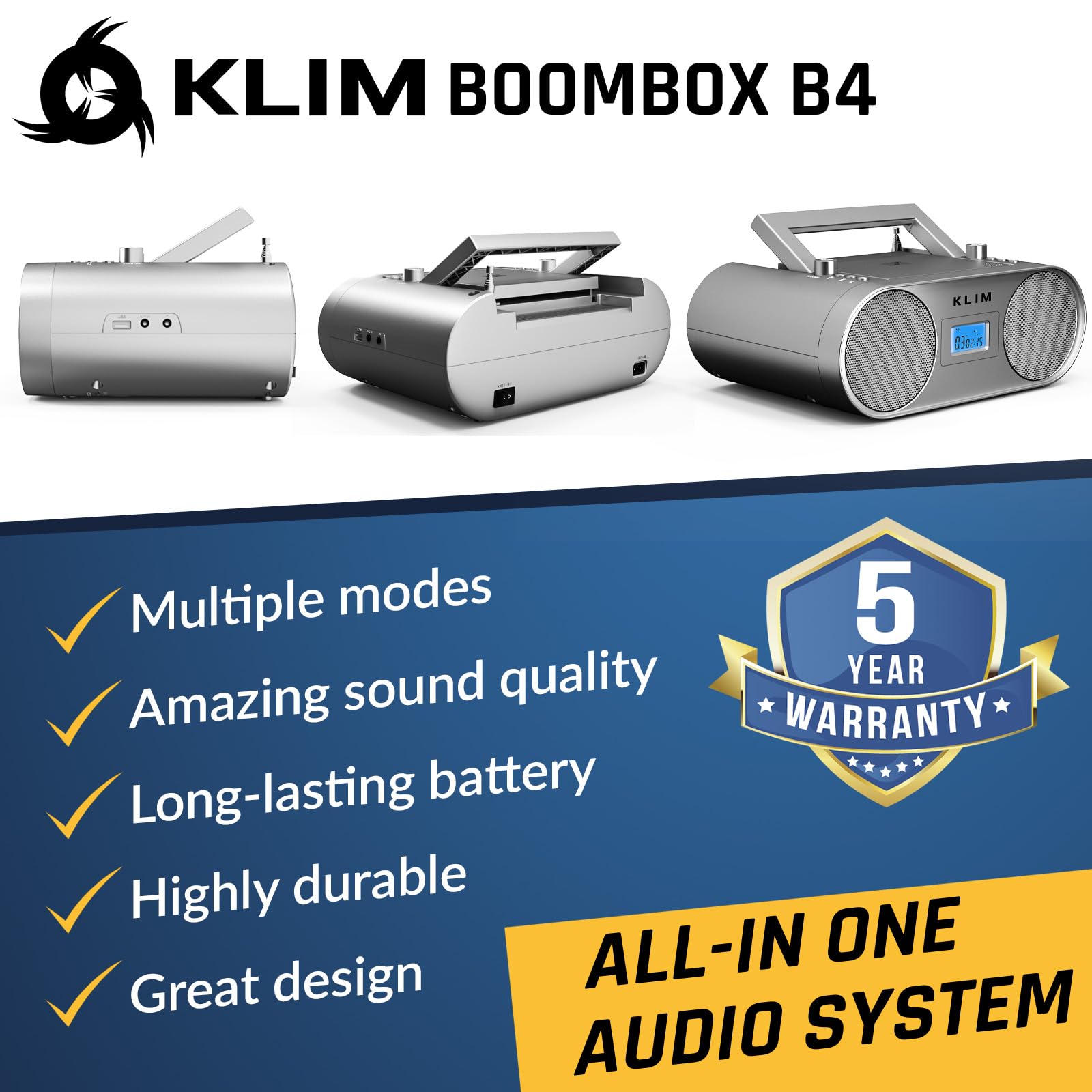 Klim Boombox B4 Cd Player Portable Audio System + Am/Fm Radio With Cd Player, Mp3, Bluetooth, Aux, Usb + Wired & Wireless Mode,