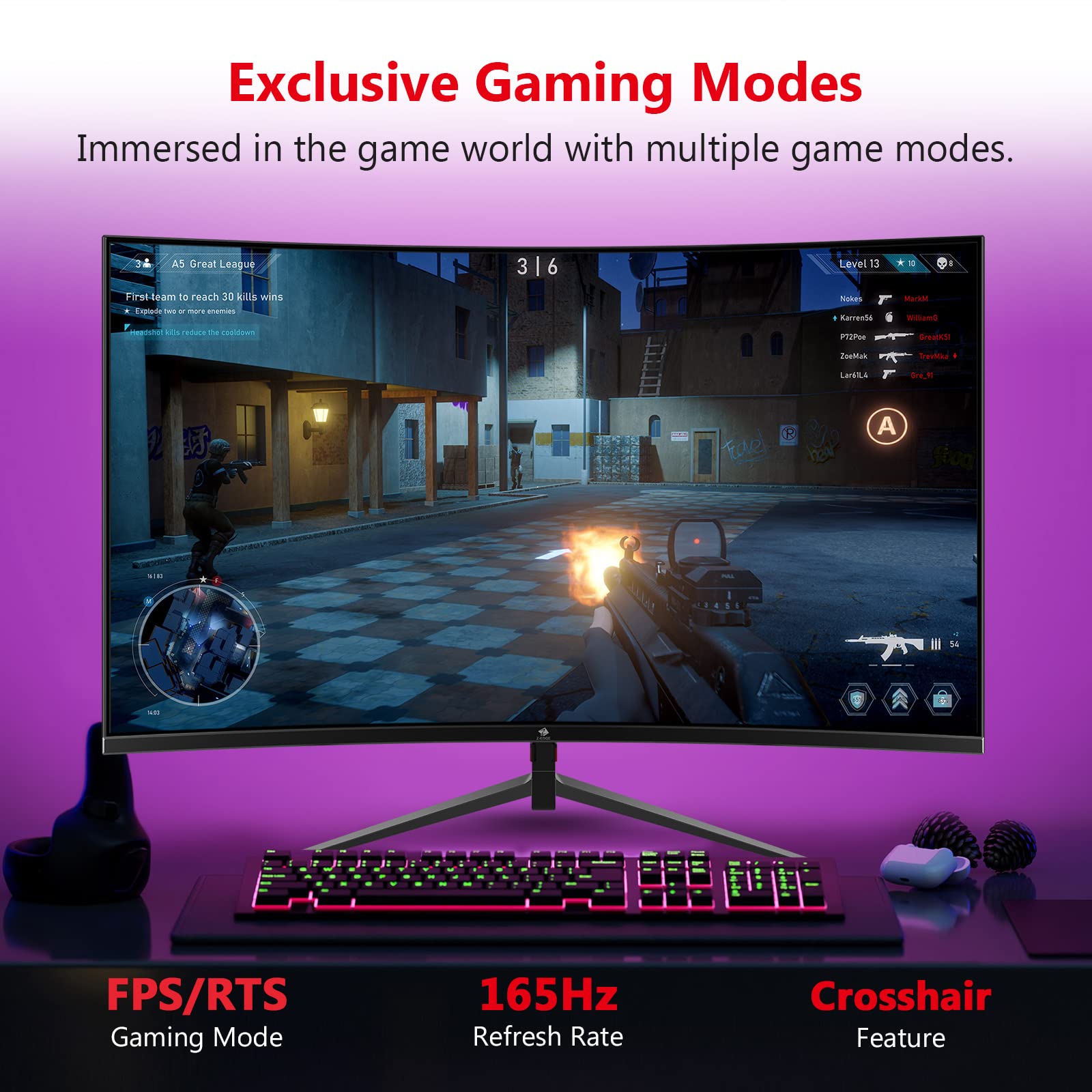 Z-EDGE UG27Q 27-inch Curved LED Gaming Monitor 2560x1440 165Hz 1ms AMD FreeSync Premium Frameless