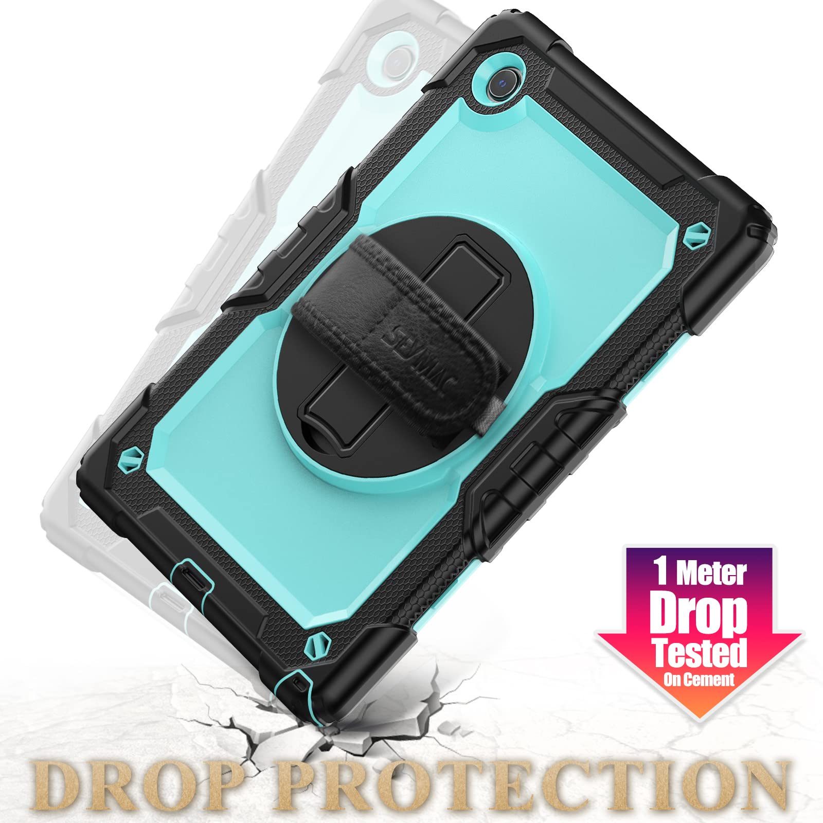 Seymac Stock 360 Hand Strap Shockproof Case For Samsung Galaxy Tab A8 10.5 Inch, Skyblue+Black