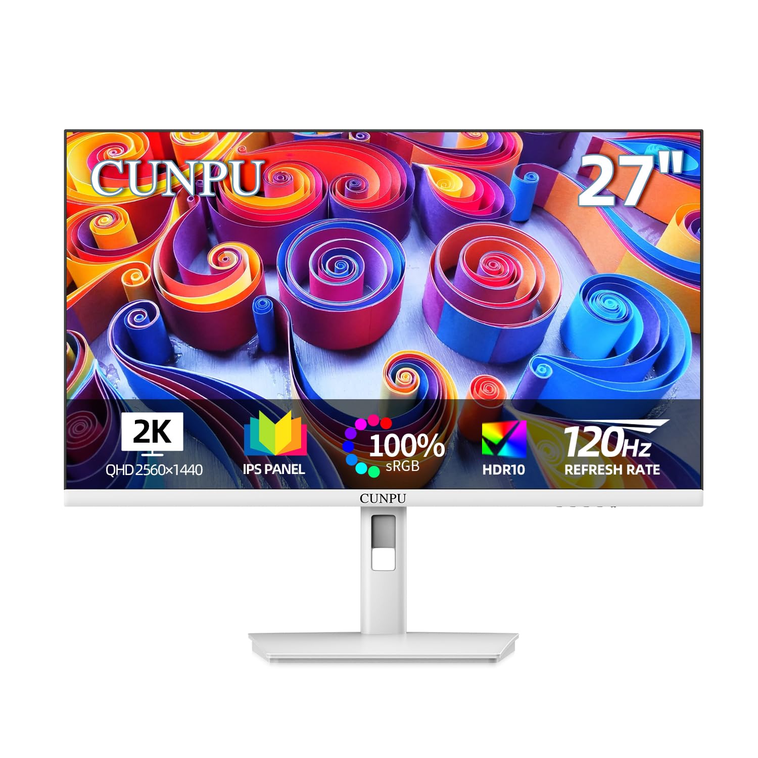 CUNPU 27 Inch White Gaming Monitor, 2K QHD 120Hz IPS Ultra-Thin Bezel Computer Monitor, 100% sRGB for Vibrant Colors, Adaptive S