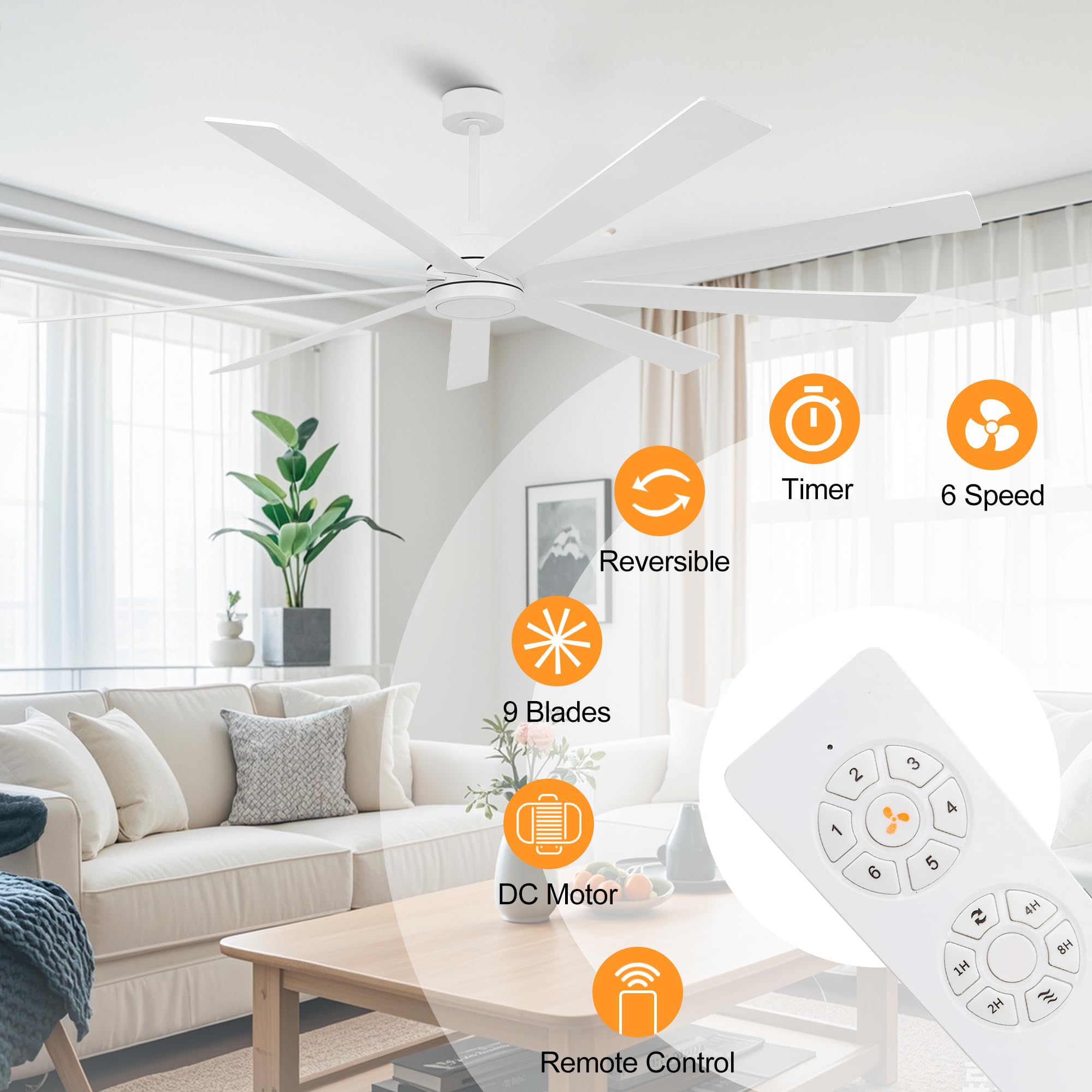 Elehinser 84'' Ceiling Fan No Light, 6 Speed Noiseless Reversible Dc Motor, 9 Blades White Industrial Ceiling Fan With Remote An