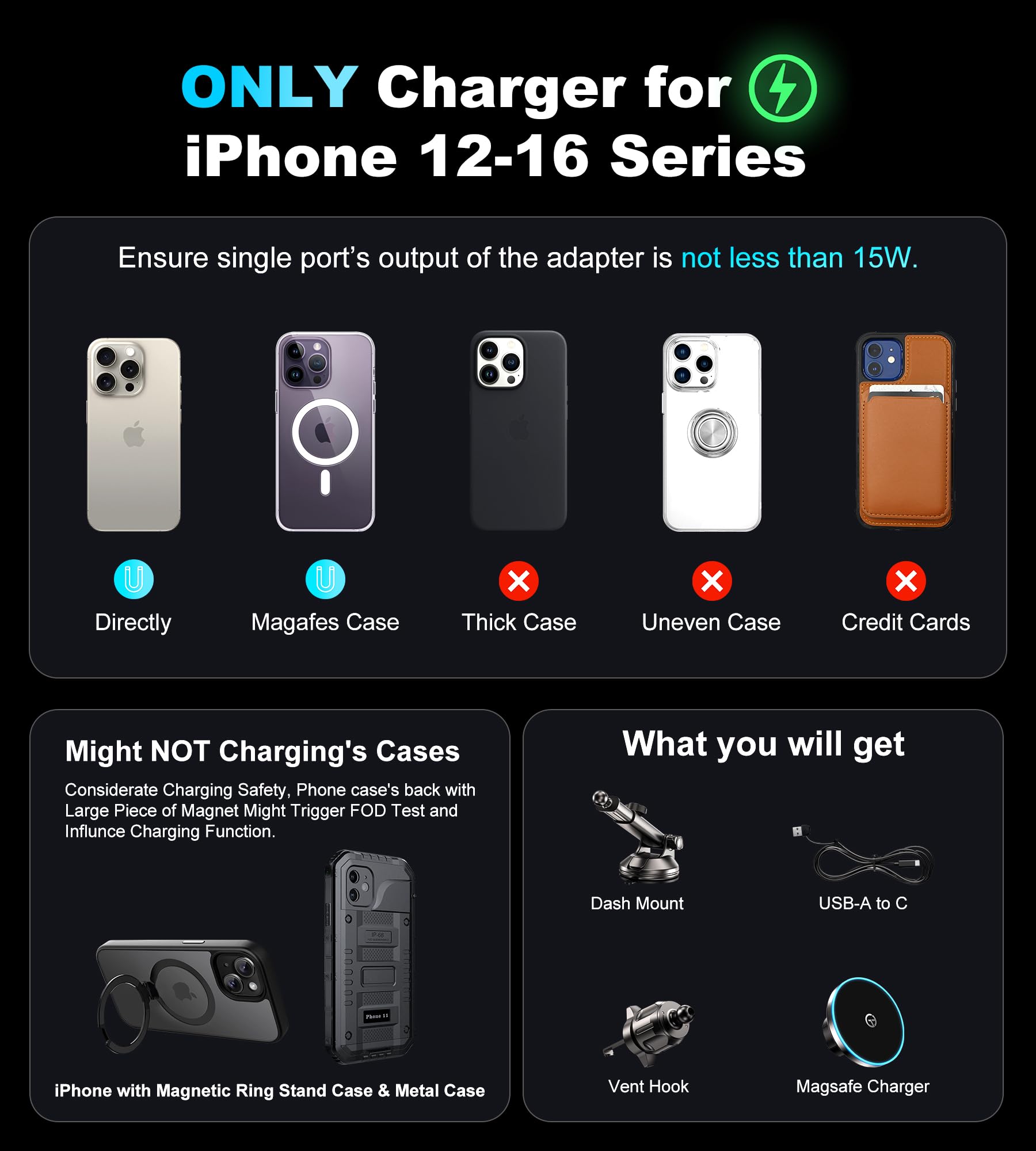 Gumosh For Mag-Safe Car Mount Charger Dash Vent Windshield Wireless Car Charger With Led Light, Strong Magnetic Phone Holder For