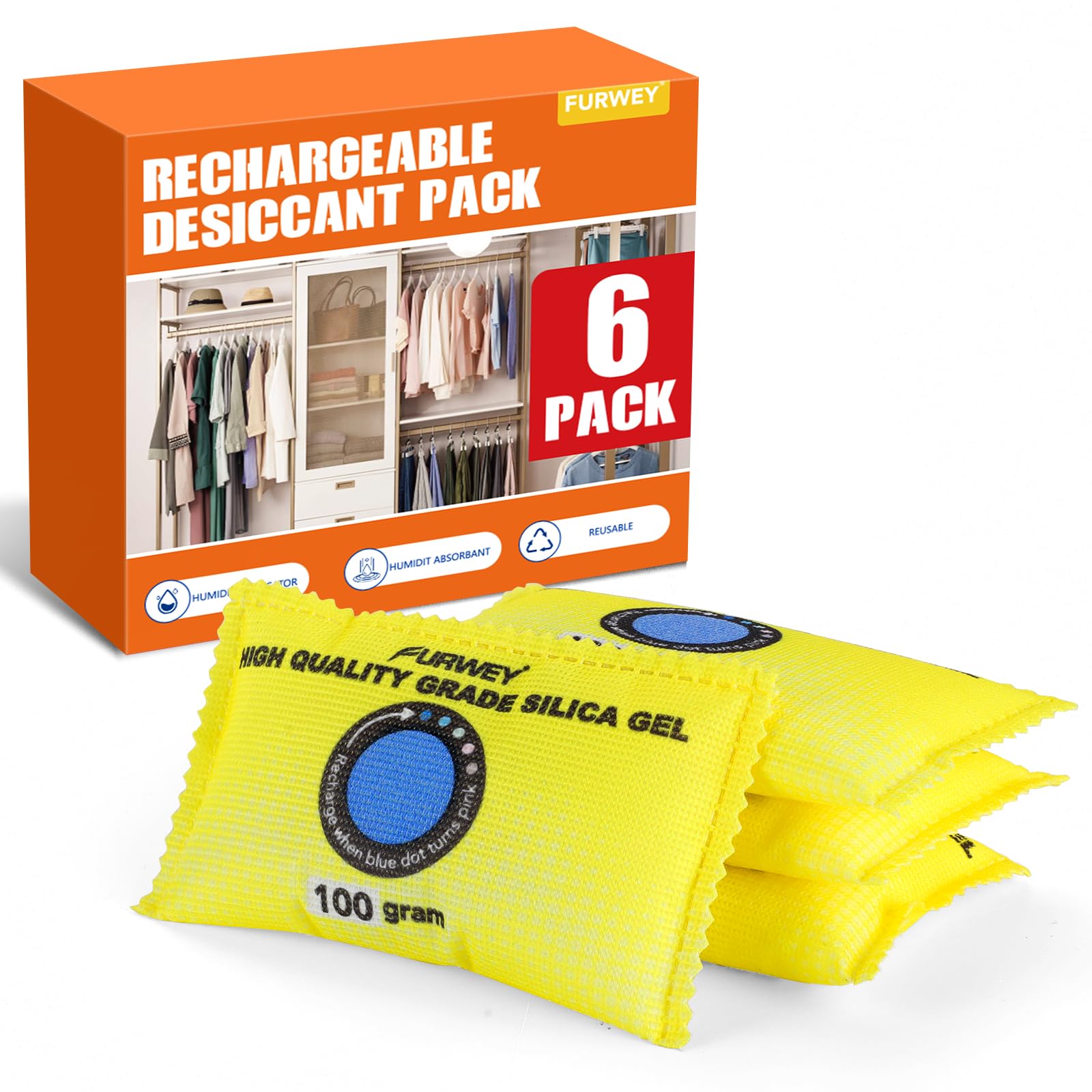 FURWEY 100g (6 Packs) Rechargeable Desiccant Packs for Storage, Color Indicating Silica Gel Desiccant Packets, Moisture absorber