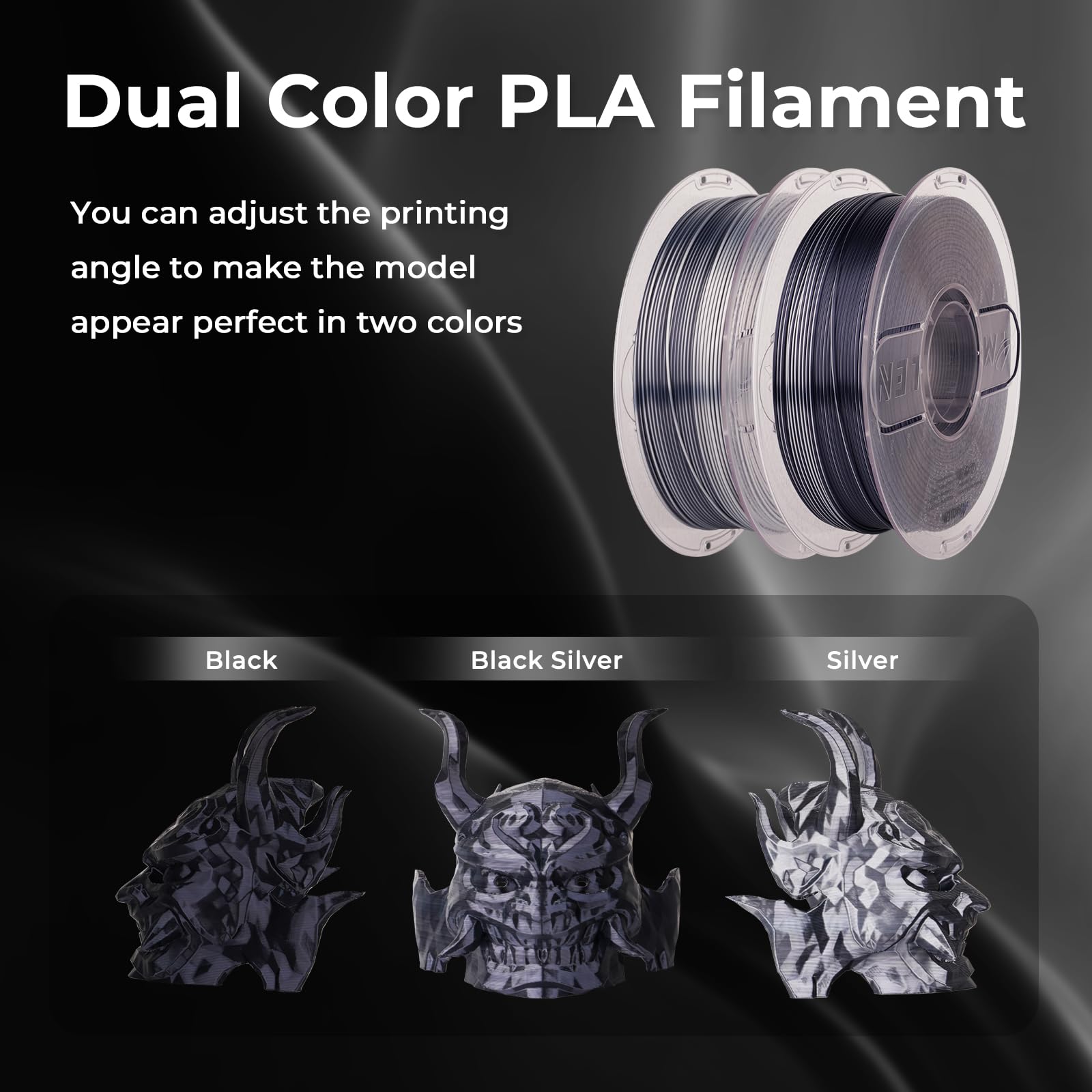 Amolen Silk Pla 3D Printer Filament, Dual Color Black Silver Pla 1.75Mm, Shiny Color Change Filament 3D Printing Pla Filament Fo