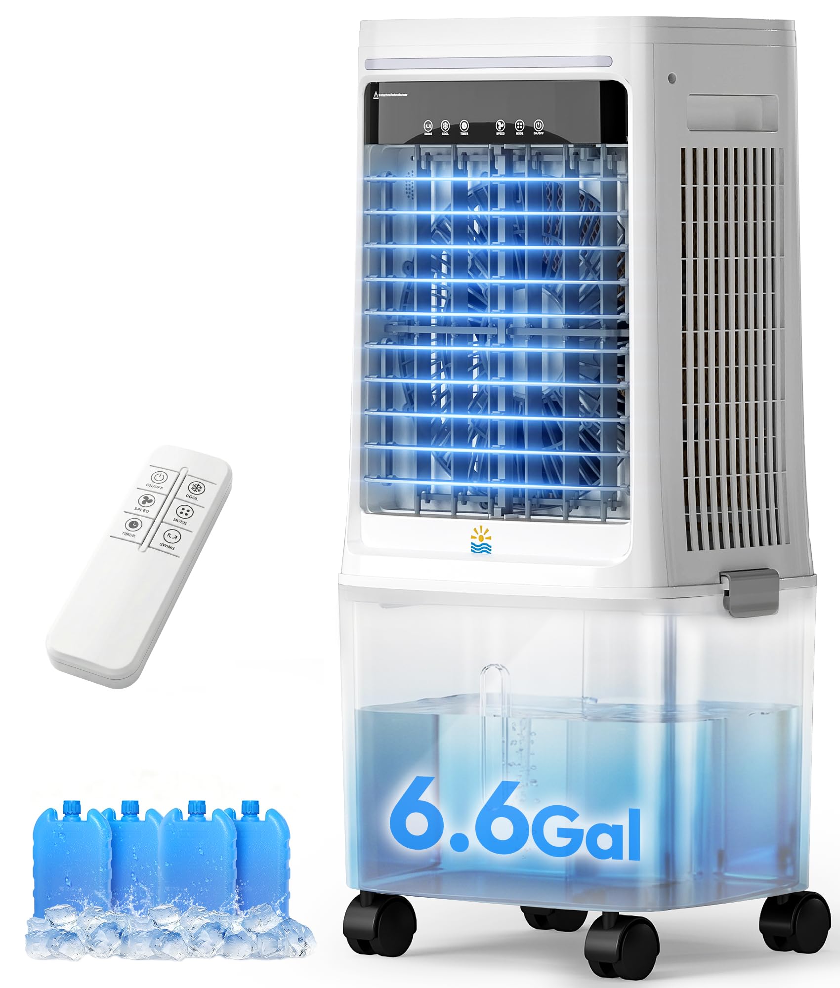 EXNOS 3-in-1 Portable Evaporative Air Cooler - 2000 CFM Swamp Cooler with 6.6-Gal Dual Tank & 4 Ice Packs, Remote Control, 12H T