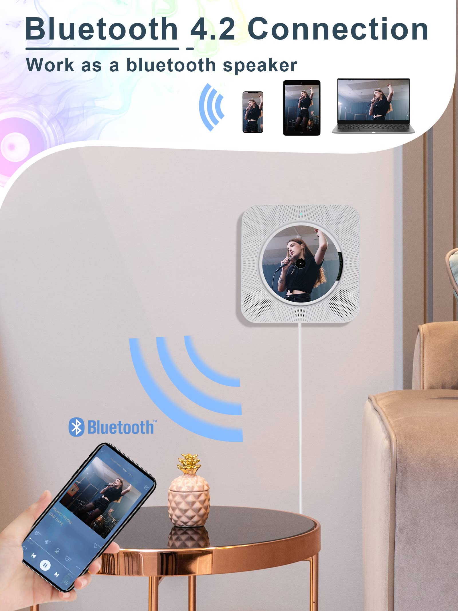 Portable Wall Mounted Cd Player With Bluetooth, Homlab Mountable Cd Music Player Built In Hifi Speakers, Home Audio Boombox With