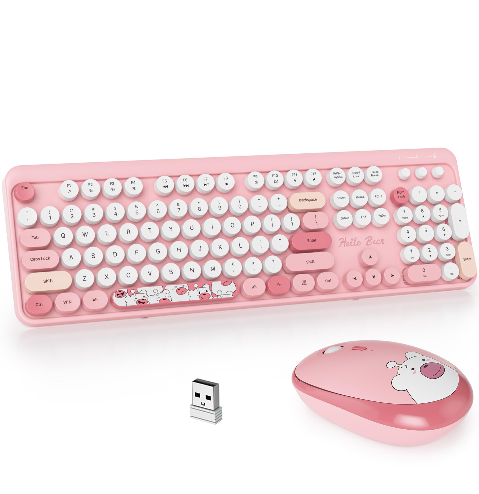 Gtsp Pink Typewriter Keyboard Wireless Mouse Combo, Cute Keyboard 2.4G Office Full Sized Retro Keyboard With Round Keycaps For L
