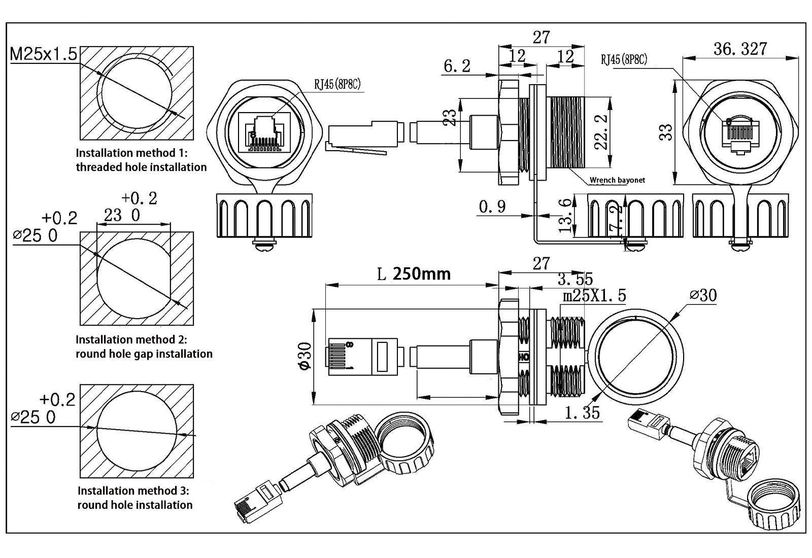 Anmbest 5Pcs Panel Mounting Rj45 Waterproof Connector M25 Cat5/5E Ethernet Lan Cable Coupler With Waterproof/Dust Cap Cover 25Cm