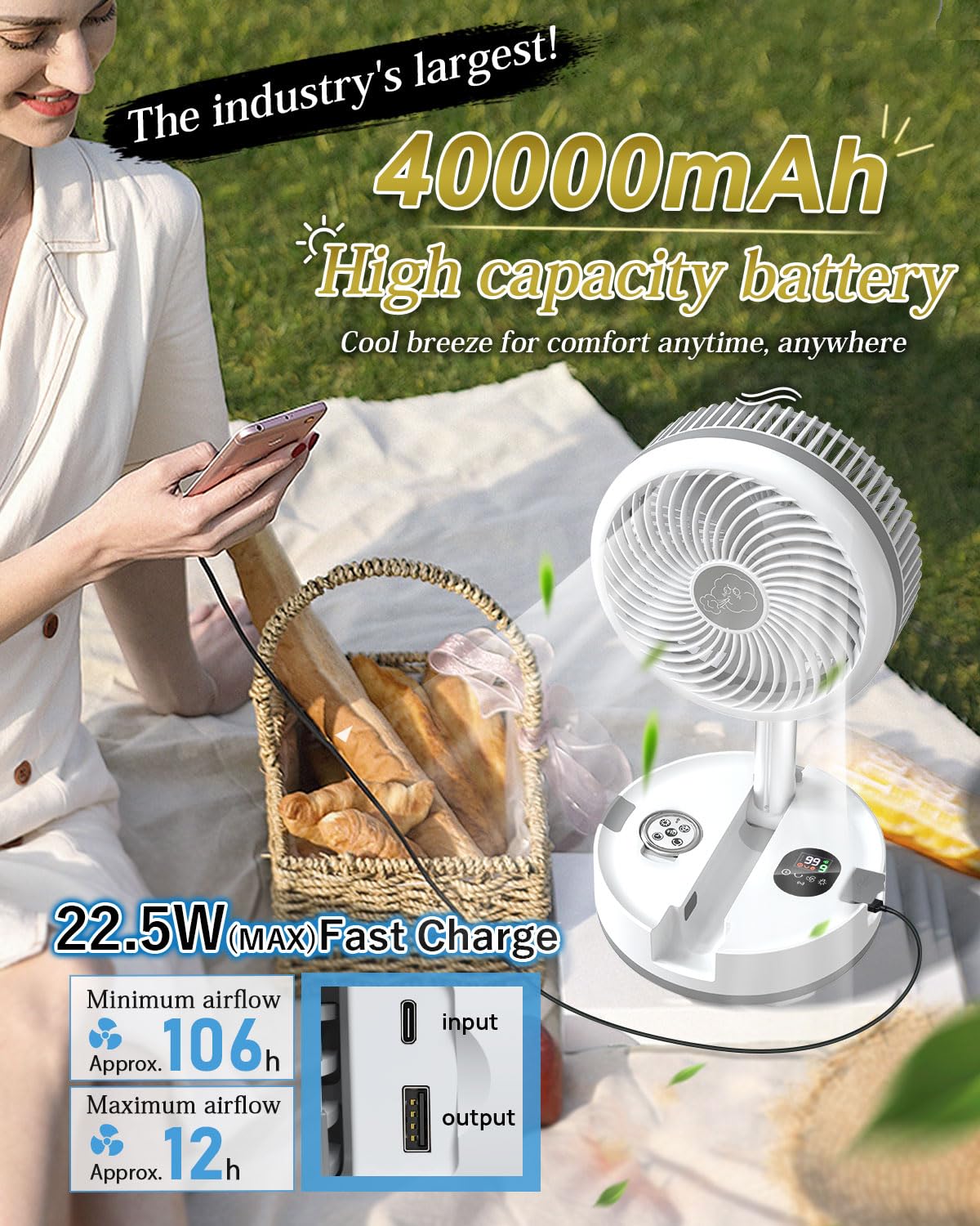 10 Inch Portable Fan Battery Operated Fan, Oscillating Rechargeable Fan With 40000Mah, Remote Control Led Lights, 114Hr Run Time
