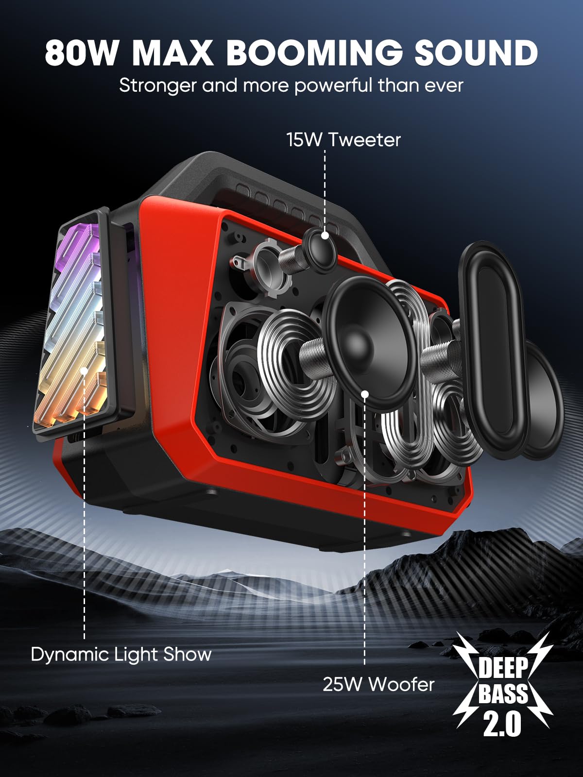 Tpwin Portable Bluetooth Speakers - Wireless Speaker 80W Peak, Loud Speaker With Light, Strong Bass, Bt 5.3, Tws, Ipx6 Waterproo