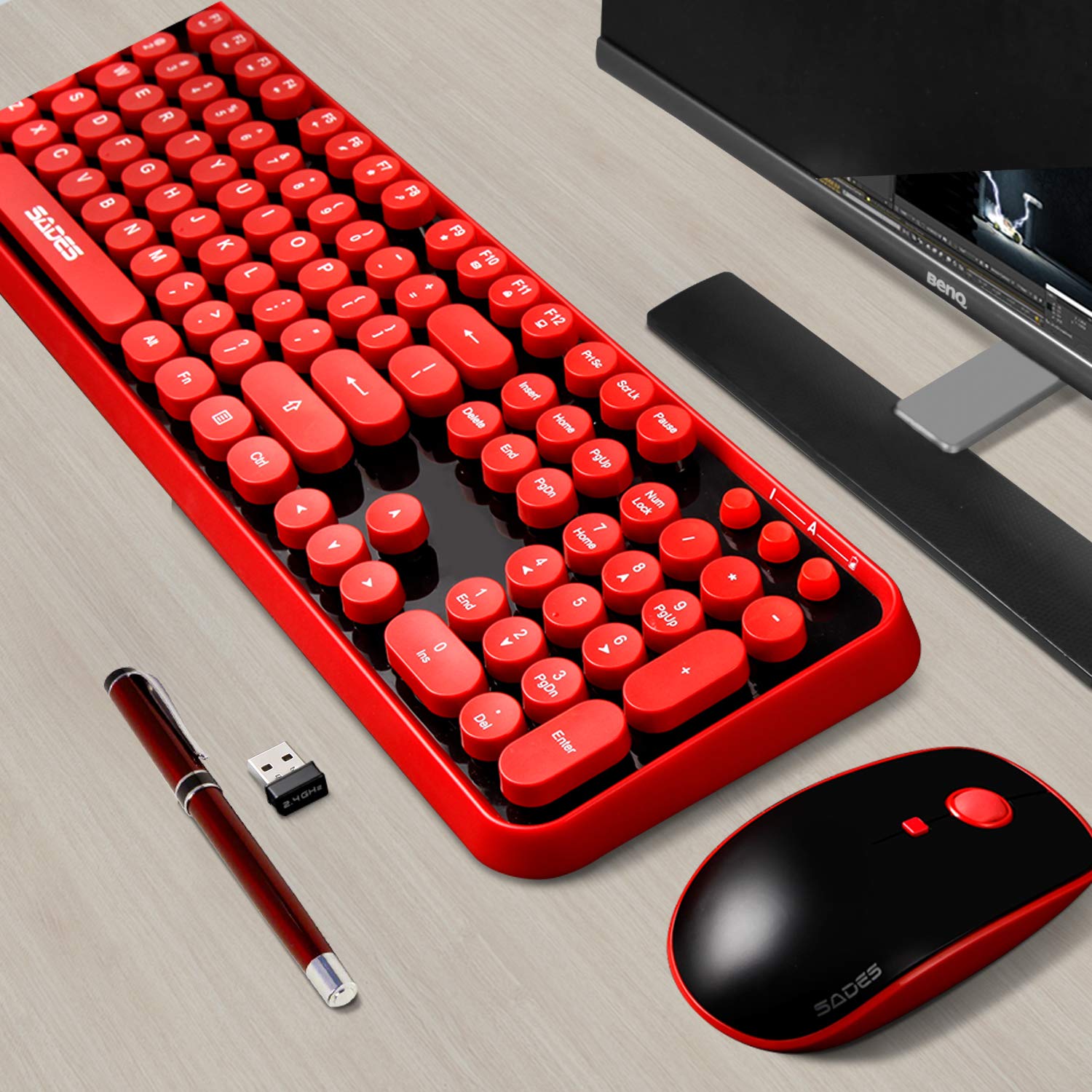 LETTON Wireless Keyboard Mouse Combo, Retro Typewriter Style, 104 Keys, Large, V2020 Black Red
