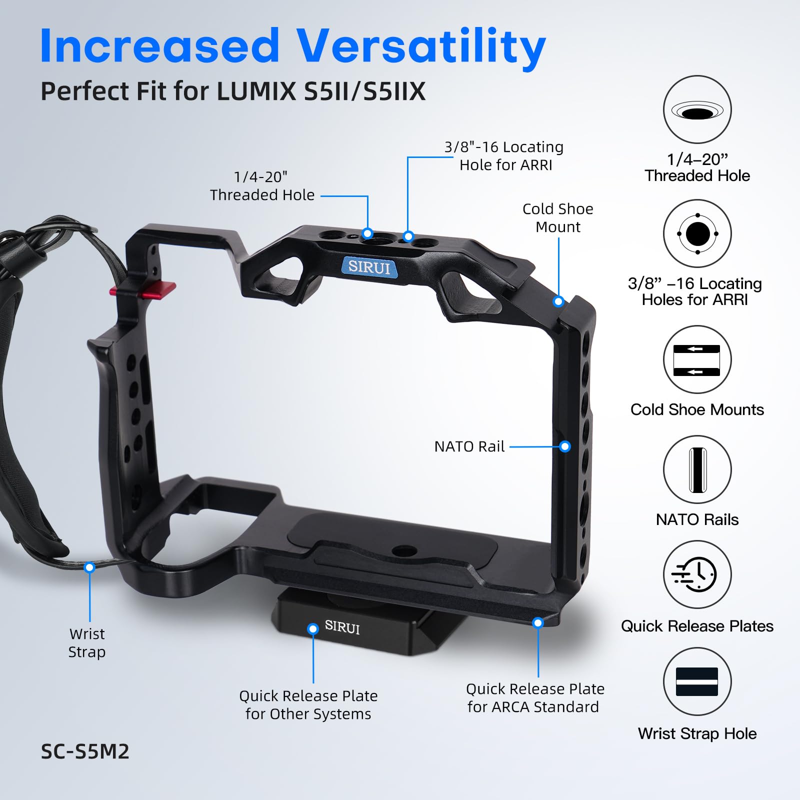 Sirui S5Ii S5Iix G9 Ii Camera Cage With Wrist Strap, Full Cage For Panasonic Lumix S5Ii S5Iix G9 With Built In Plate For Arca, Nato Rail, Cold Shoe, Multi Threads, And 3/8' Locating Holes For Arri