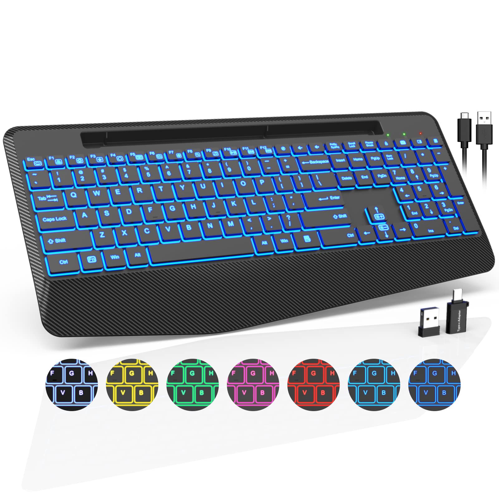 Wireless Keyboard With 7 Colored Backlits, Wrist Rest, Phone Holder, Rechargeable Ergonomic Computer Keyboard With Silent Keys, Full Size Lighted Keyboard For Windows, Macbook, Pc, Laptop (Black)