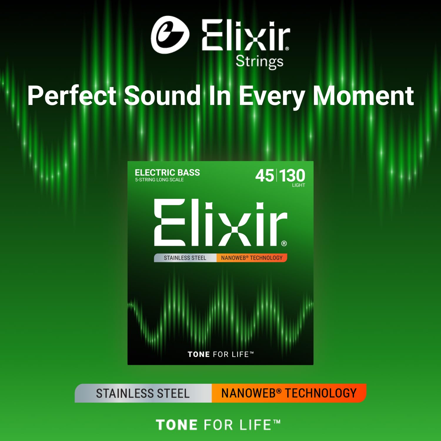 Elixir Strings Stainless Steel 5 String Bass Strings W Nanoweb Coating, Long Scale, Light (.045 .130)