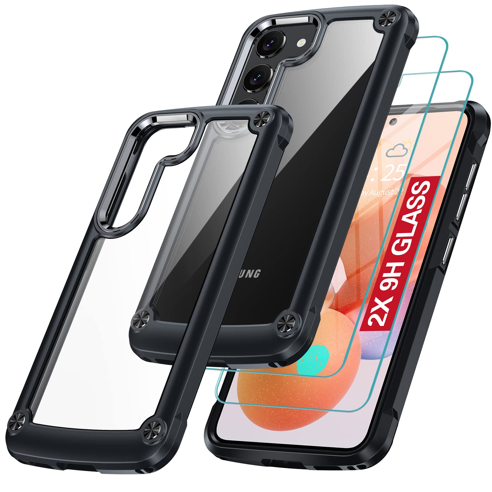 Oterkin for Galaxy S23 Case Clear, Anti-Yellowing, 10FT Military Protection, 2 Tempered Glass Screen Protectors, 4 Built-in Airb