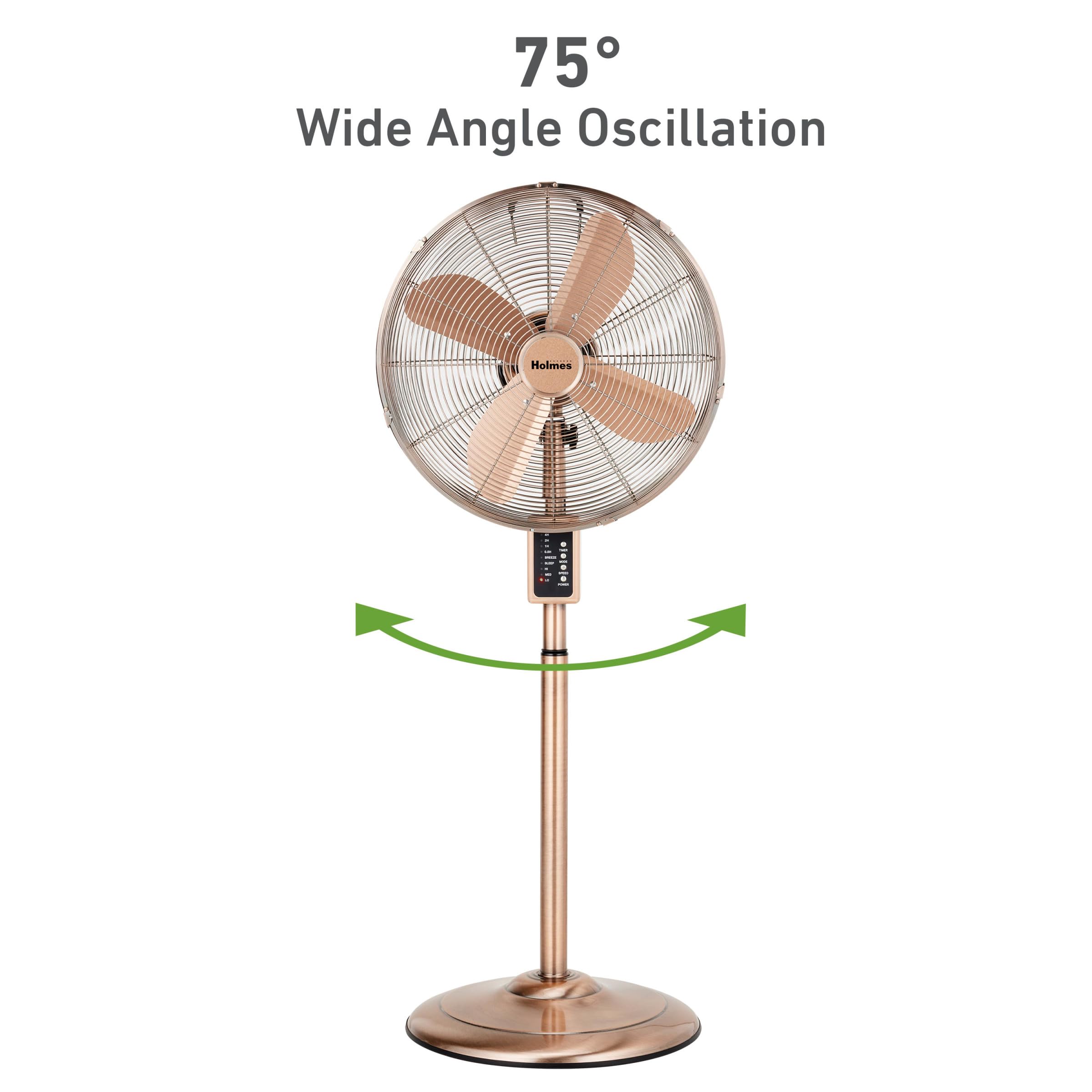 Holmes 16'' Copper Digital Metal Stand Fan, 75 Oscillation, 3 Speeds, 4 Blades, 3 Modes, 7.5 Hour Timer, Adjustable Height, 20 H